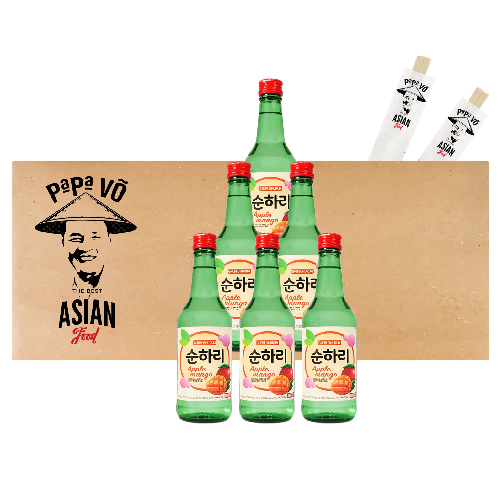 6er Pack (6x360ml) Lotte Chum Churum Soju Apfel Mango 12% vol + 2 Papa Vo Chopsticks