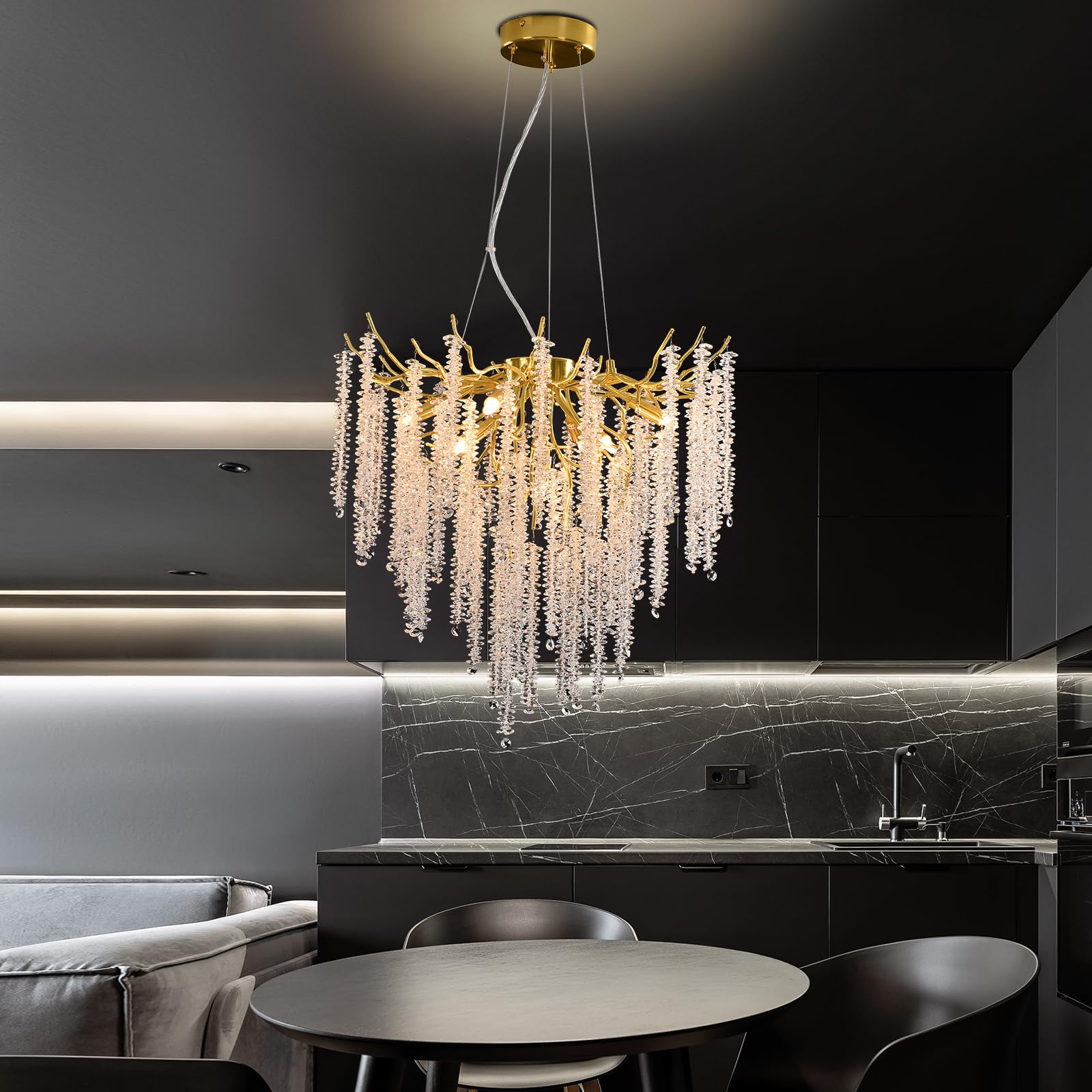 Lampadario a sospensione in cristallo, moderno, rotondo, in cristallo K9, con catena regolabile, per camera da letto, soggiorno, sala da pranzo, ristorante (oro, G9 x 8,7 cm)