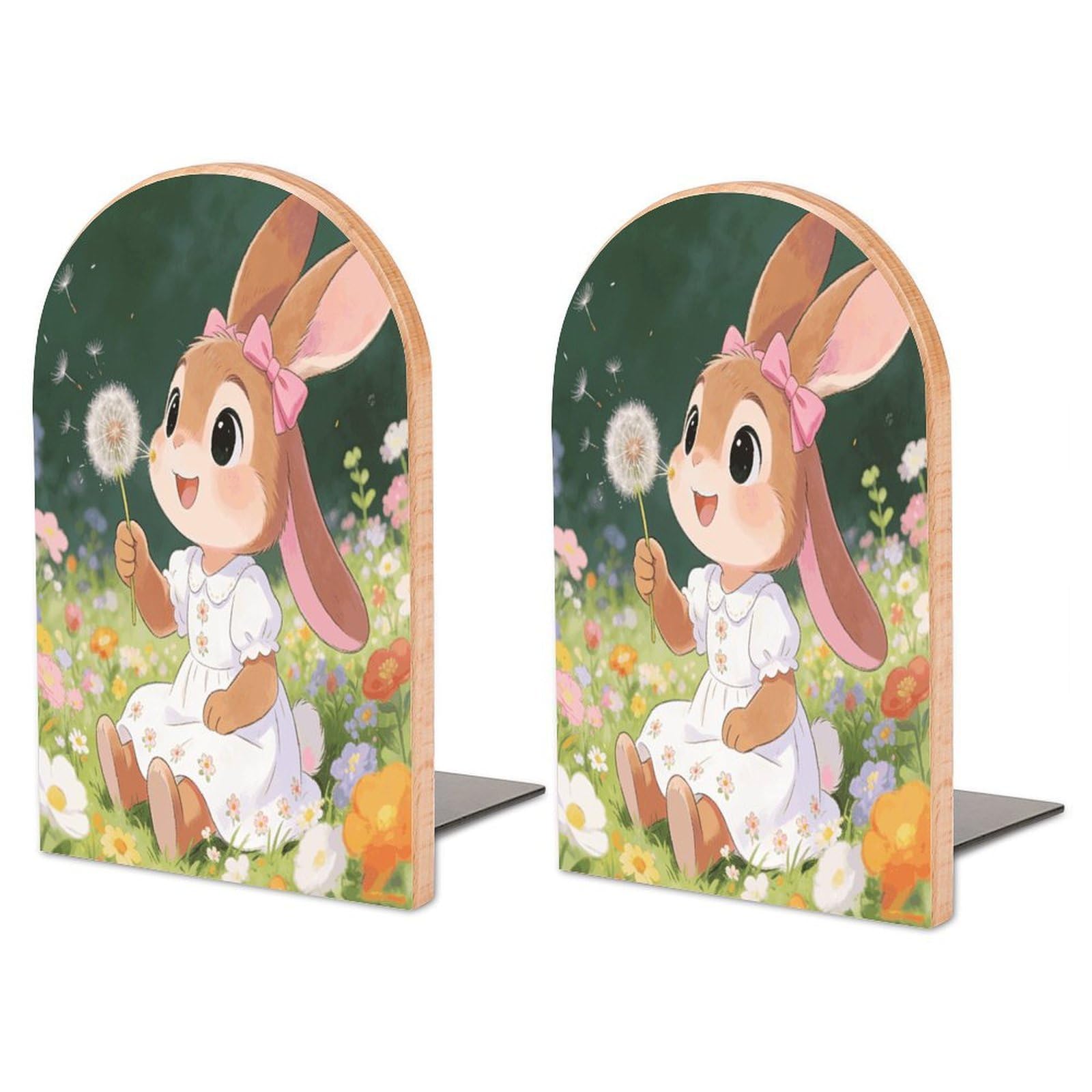 Sujetalibros de madera y metal antideslizante con diseño de conejo