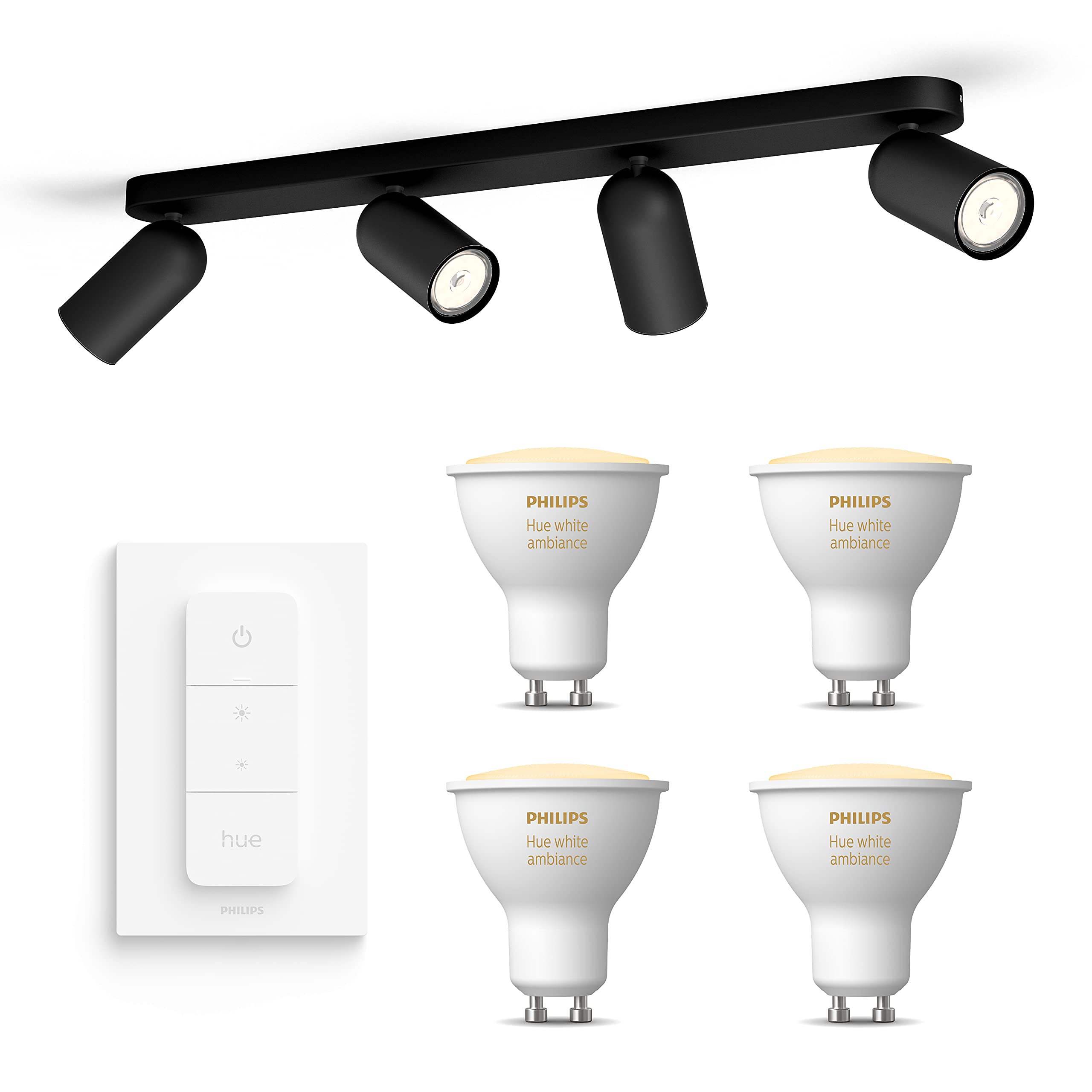 Philips Hue Pongee Spot en saillie (Noir) - Lumière blanche chaude à froide - Comprend un Variateur de lumiere Hue - Spot en saillie avec 4 points lumineux - GU10 - Hue White Ambiance