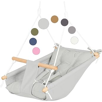 Cateam Canvas Baby Hammock Swing - Grey - Wooden Hanging Swing for Baby with Safety Belt and Mounting Parts Baby Hammock Chair Birthday Gift. Grey