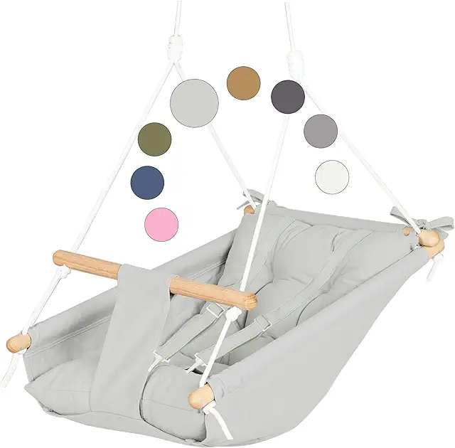 Hamac bébé CaTeam - Chaise suspendue bois avec ceinture sécurité, grise