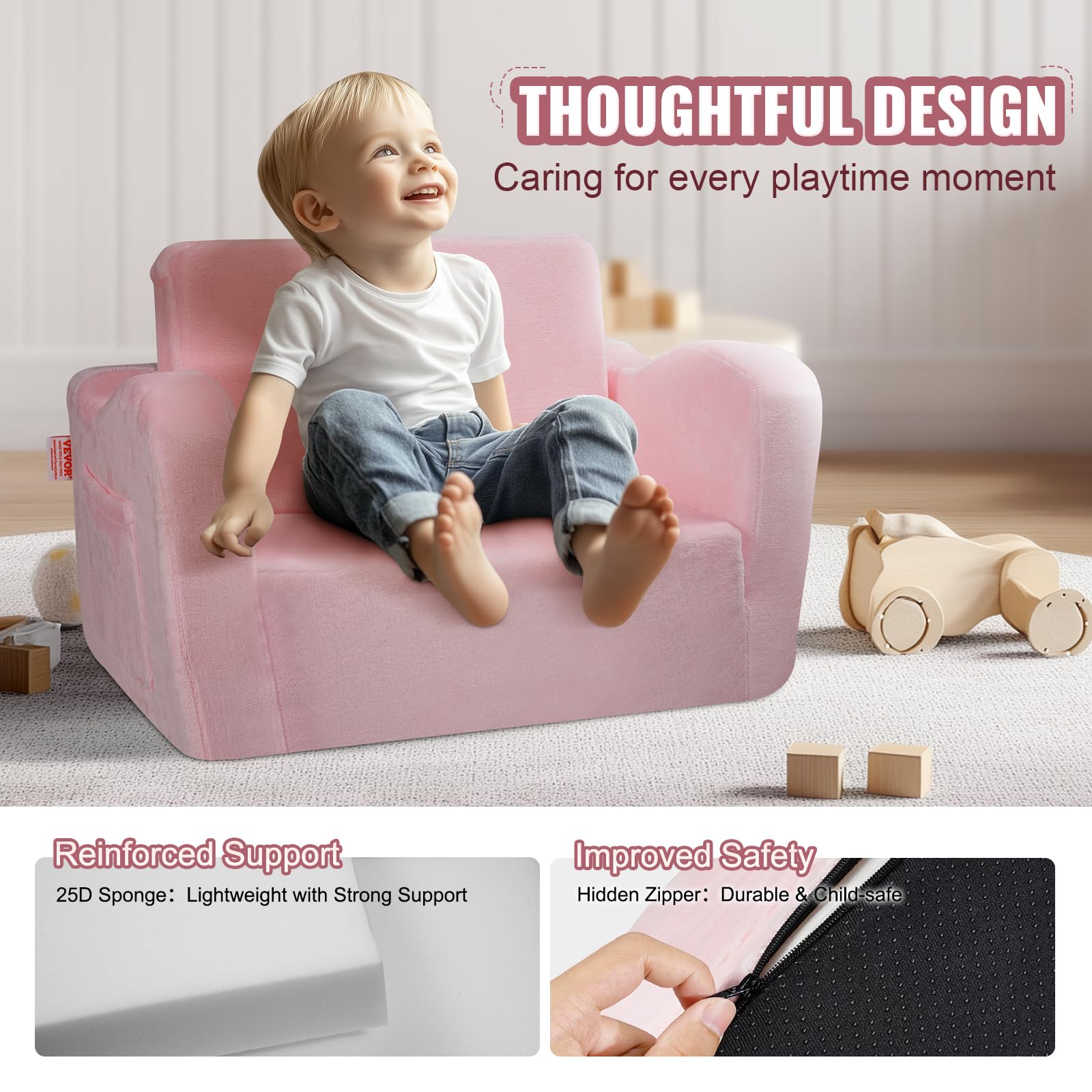 VEVOR Divano per bambini, 2 in 1, comodo divano letto pieghevole, convertibile da divano a lettino, sedia per bambini, mobili per la stanza dei giochi, per bambini e ragazze, rosa