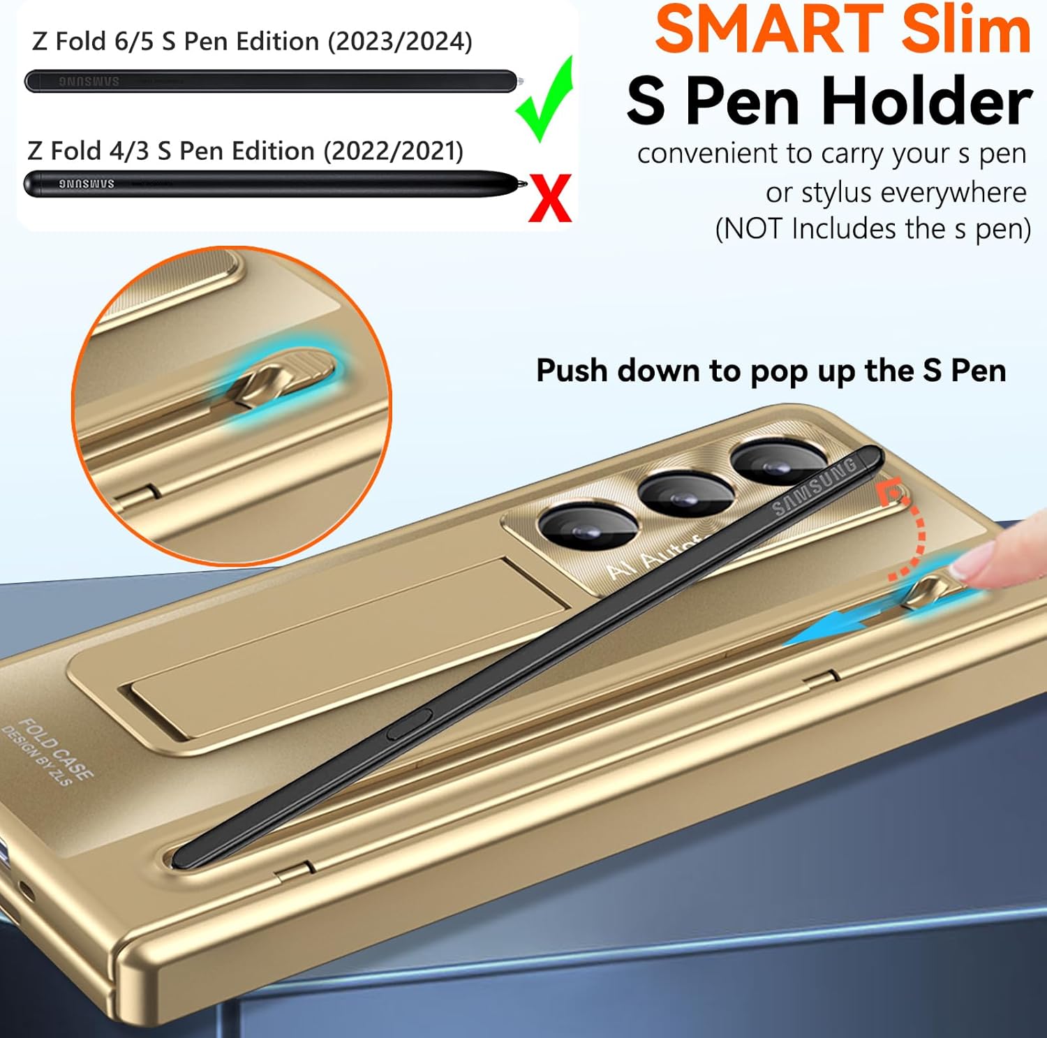 for Samsung Galaxy Z Fold 7 Case with S Pen Holder & Stylus Pen, Z Fold7 Full Coverage Phone Case with Kickstand HD Screen Protector Anti-Scratch Stand Protective Cover for Z Fold 7 Gold