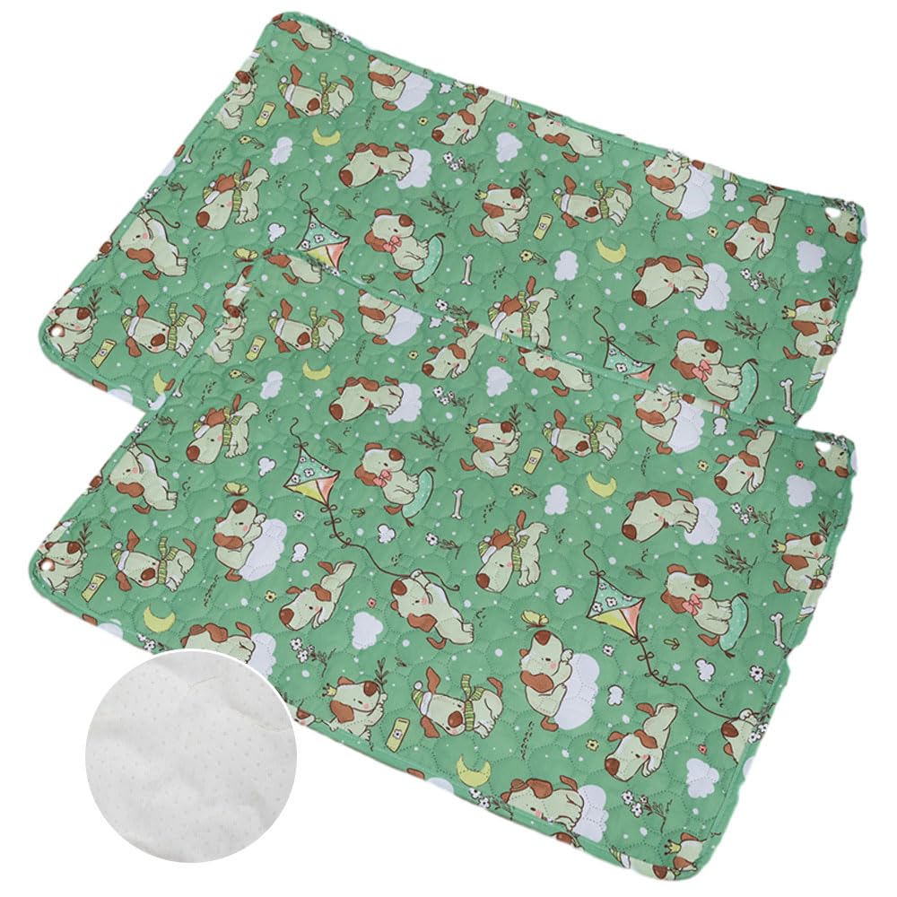 Mateju 2 Pieces Reusable Pee Pads for Dogs, Washable Puppy Training Pad Pets Dogs Cats Non-Slip Mat Super Absorbent Leak Proof Food Bowl Mats for Travel Training Pad Indoor (40x50CM,Green Dog)