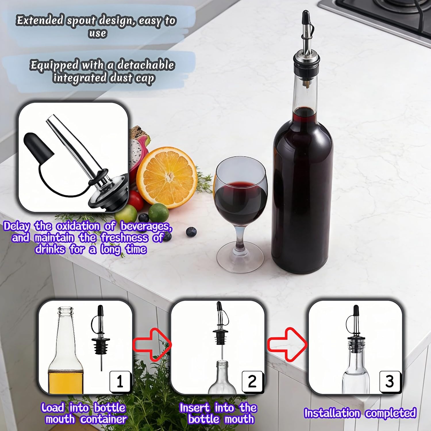 4PCS Premium Wine and Oil Pourer Set, 304 Stainless Steel Pour Spouts for Liquor & Oil - Reusable, Dishwasher Safe, Precision Flow Control, Leak-Proof Seal, Fit Most Wine & Whiskey Bottles (L (Hat 3))