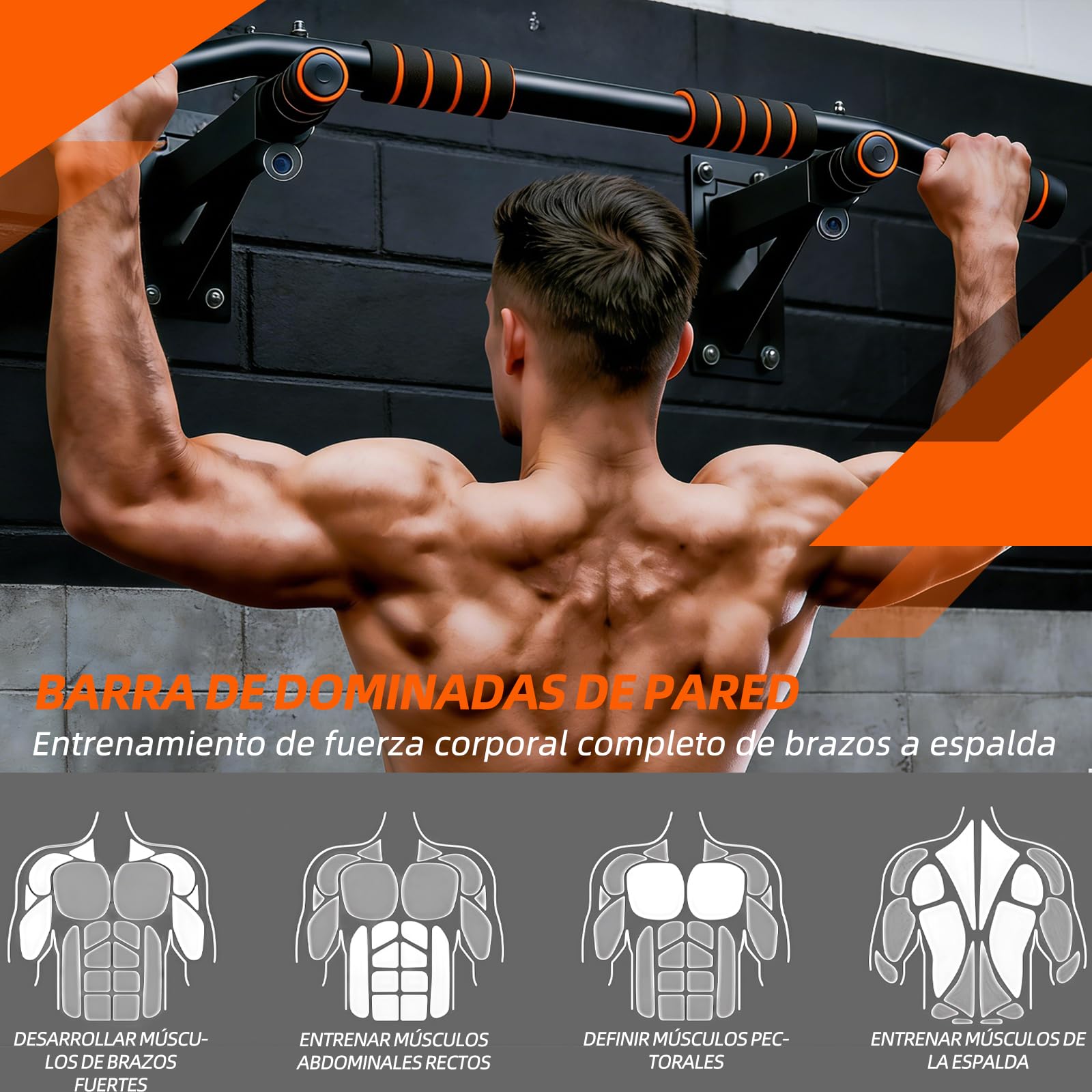 Barra dominadas 5-en-1 pared 250kg – 6 agarres antideslizantes