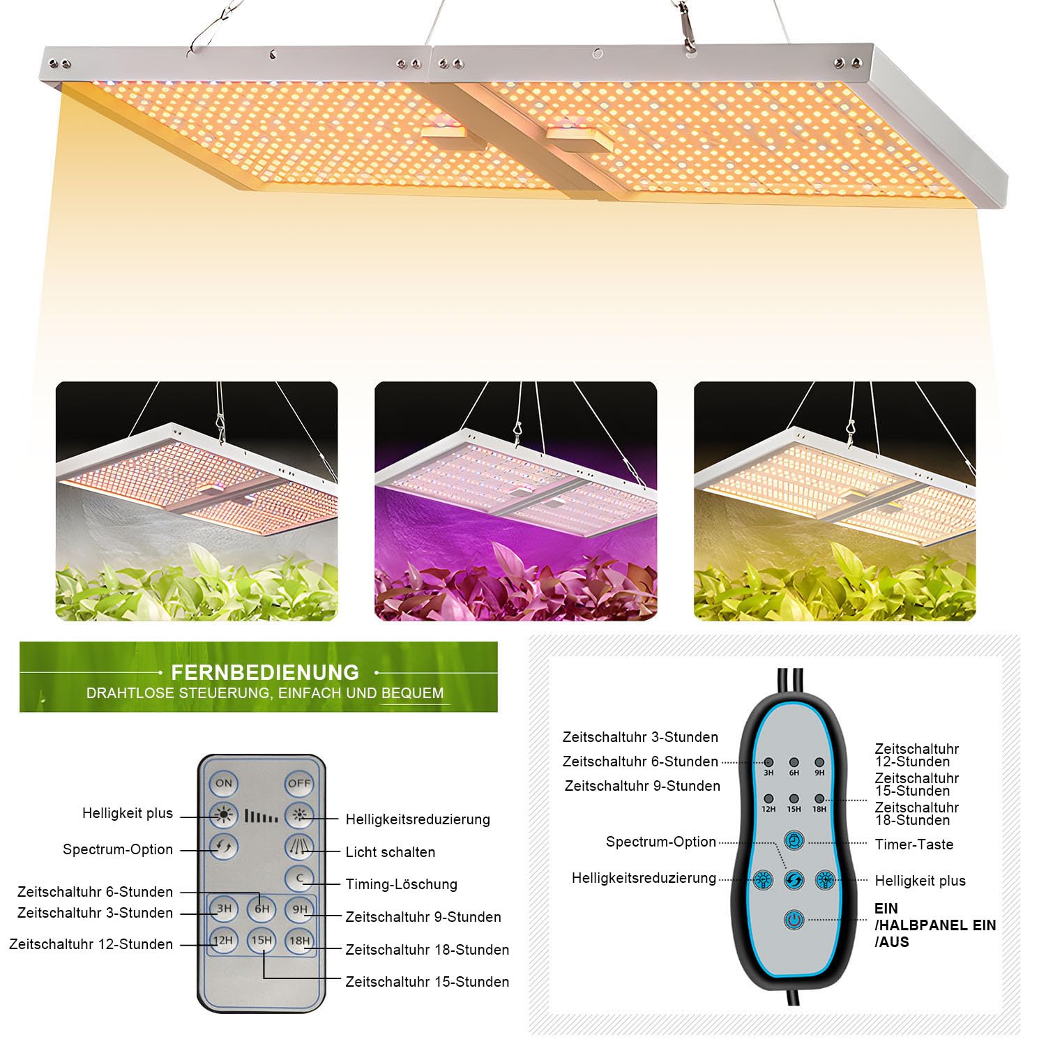 Lampa LED pełne spektrum, 728 diod LED, składana, 120 W, z pilotem zdalnego sterowania, 6 trybów timera, 3/6/9/12/15/18H, przyciemniane światło do roślin pokojowych, warzyw, kwiatów
