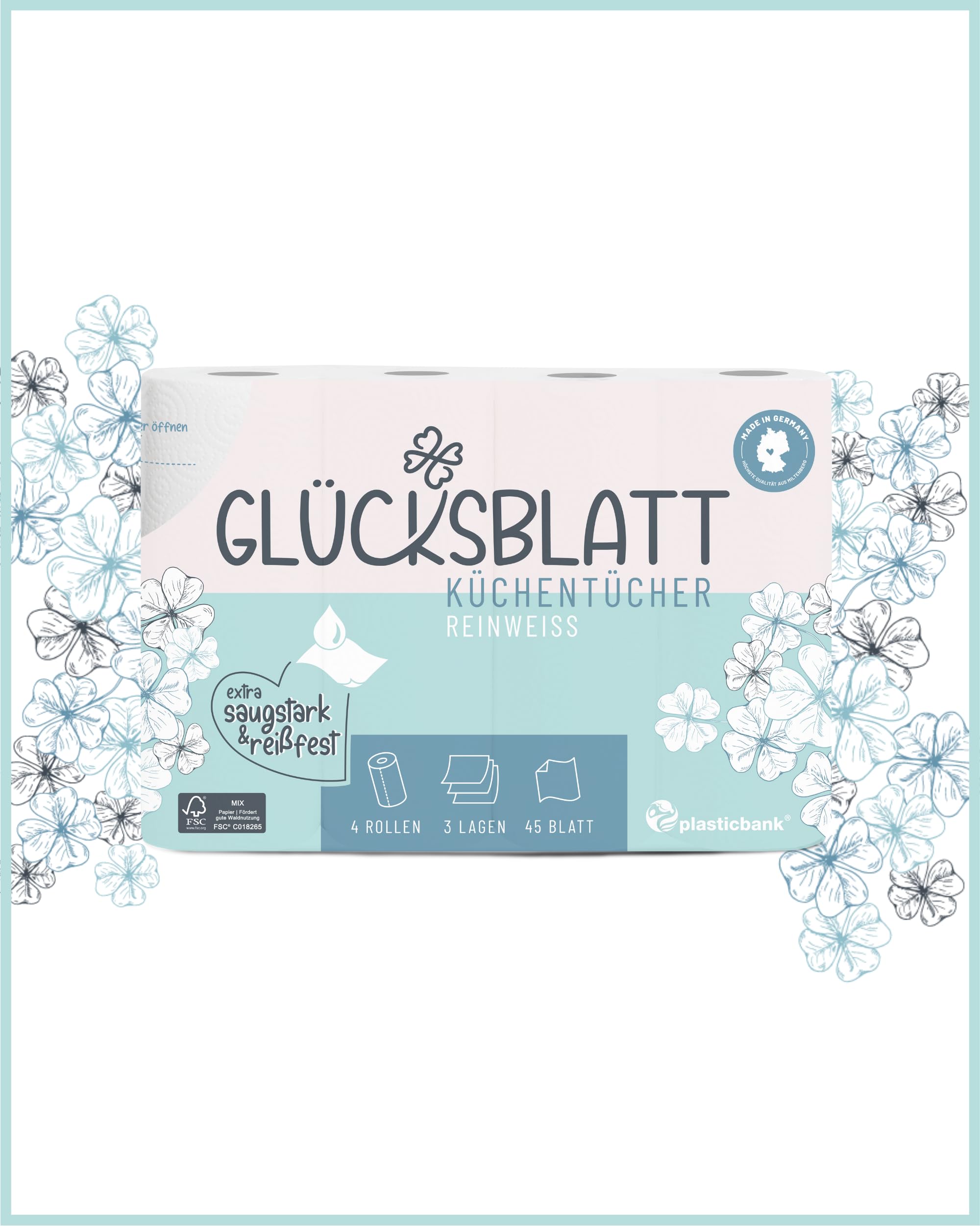Glücksblatt Asciugamani da cucina, 48 rotoli da 45 fogli, rotoli da cucina a 3 strati, 100% polpa, sostenibili, rotoli assorbenti, asciugamani di carta, asciugamani di carta, carta da cucina