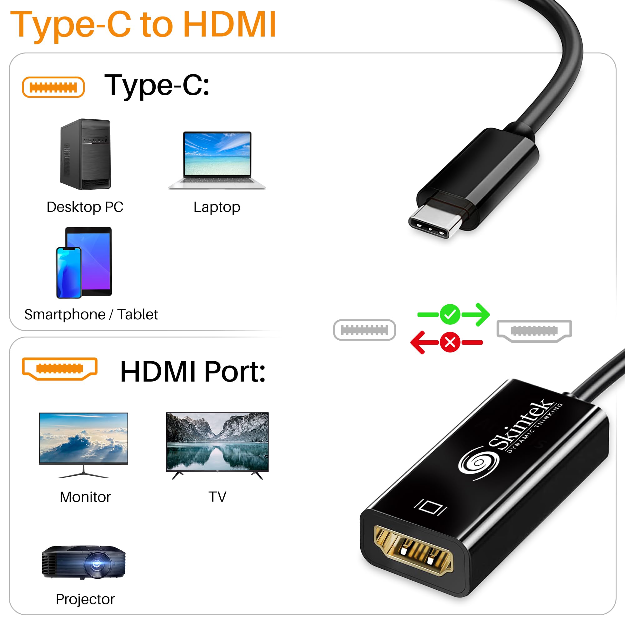 Skintek SK-04-TCH Adapter USB C Type C to HDMI, 4K 1080p 60Hz, Plug to Bus for Connecting PC/Notebook/MAC with USB-C Output to Monitor, Projector with HDMI Input, 15cm Cable Skintek SK-04-TCH Adapter USB C Type C to HDMI, 4K 1080p 60Hz, Plug to Bus for Connecting PC/Notebook/MAC with USB-C Output to Monitor, Projector with HDMI Input, 15cm Cable