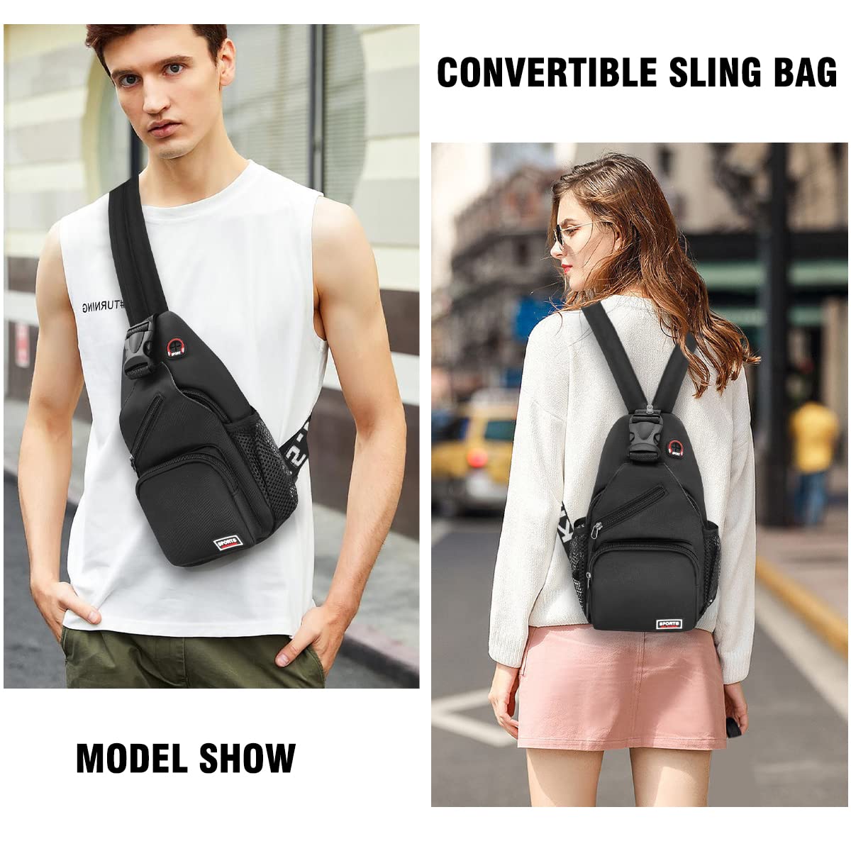HNOOM Sling Bag Damen Klein Rucksack mit Kopfhörerloch Brusttasche Damen Oxford-Stoff Crossbody Bag Damen Casual Daypack mit Verstellbarem Schultergurt für Outdoorsport, Reisen, Einkaufen (Schwarz-L)