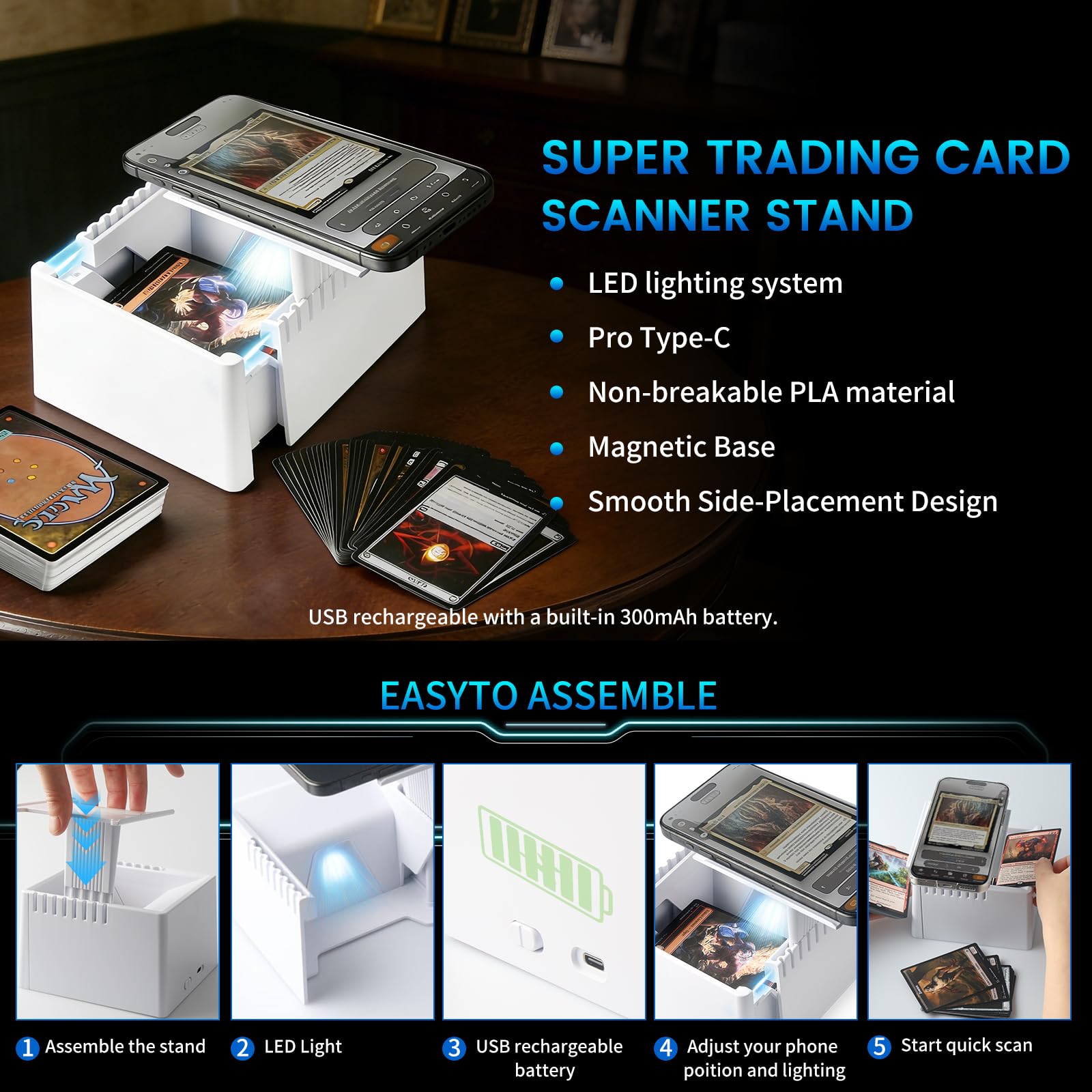 Soporte para escáner de tarjetas de intercambio, MTG y TCG con luz LED y base magnética, escaneo rápido y comprobación de precios, tarjetas coleccionables sin manga