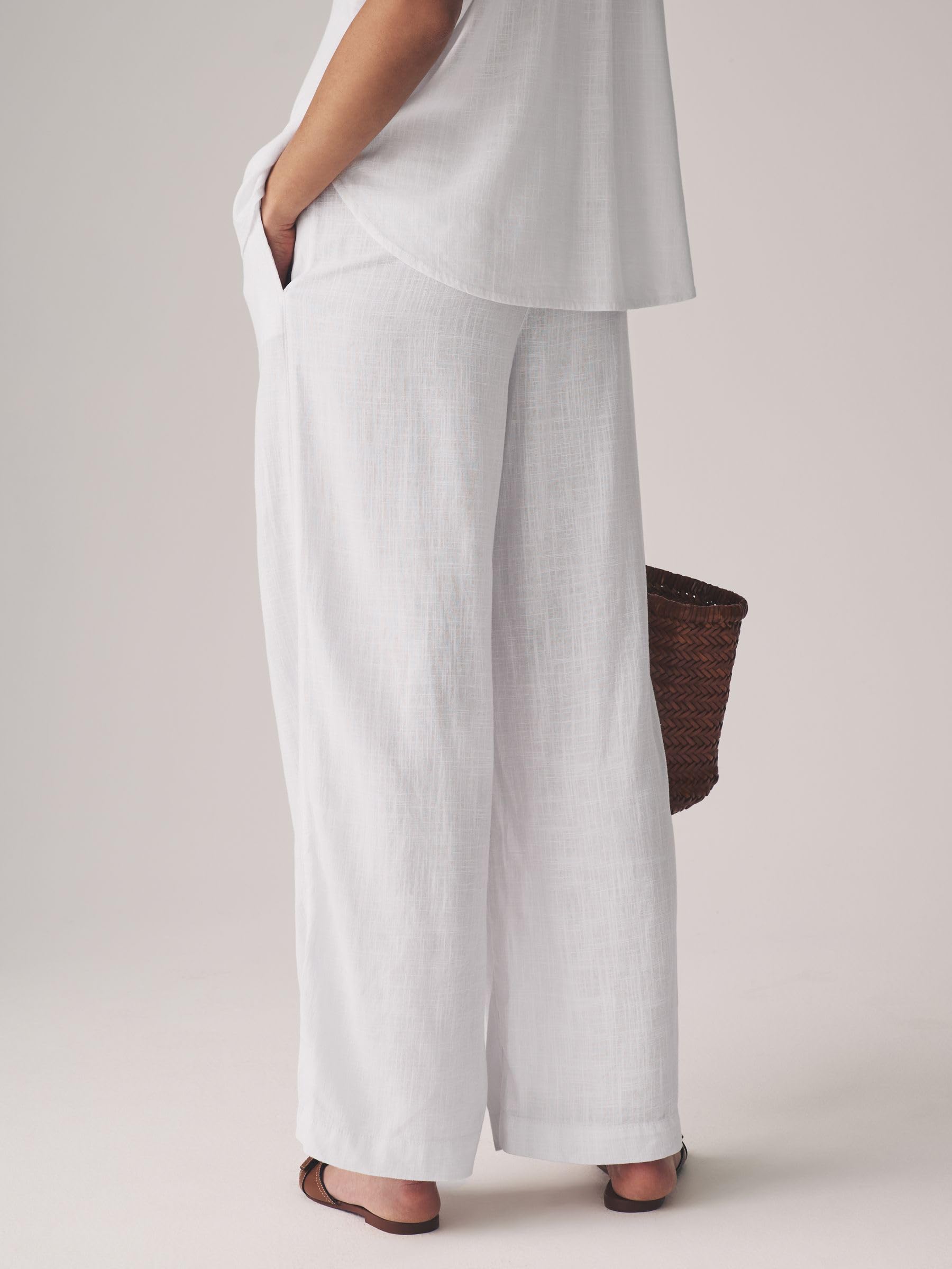 THE SET Femme Pantalon Large à Enfiler Contenant du Lin, lot 2 | Coupe standard, Taille mi-haute, Fermeture boutonnée, Jambe large