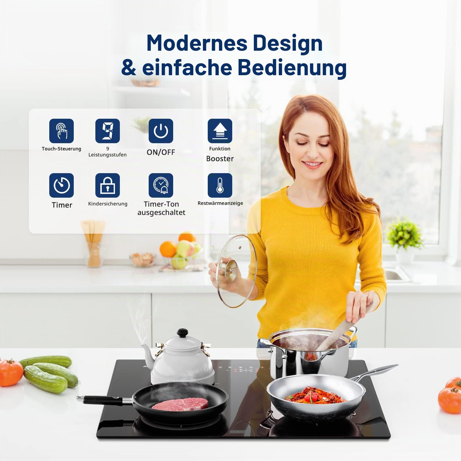Induktionskochfeld, IsEasy Einbau Induktionskochplatte, 4 Zonen/6800W/60cm, Autark induktionskochfeld mit Berührungssteuerung, Überhitzungsschutz, 9 Heizstufen &1-99Min Timer, Boost-Funktion, Schwarz