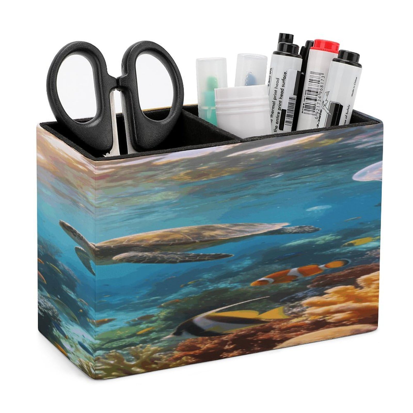 LZQPOEAS Underwater World Pen Holder Double Compartments Pen Cup Makeup Brush Holders Leather Pencil Holder Locker Organizer for Work Locker Accessories Modern Pencil Cup for Desk