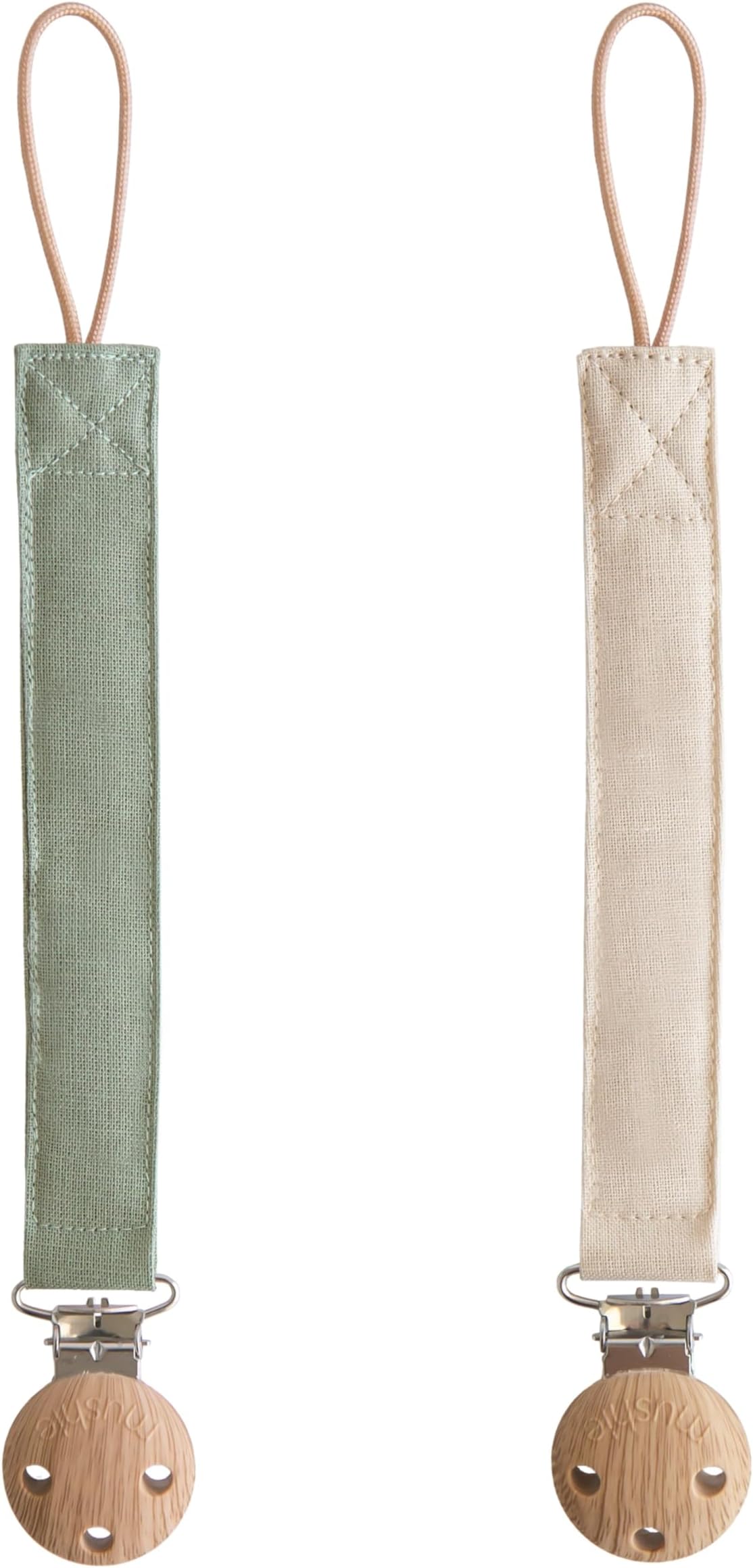 Linen Baby Pacifier Clip Holder | Soft Fabric Strap, 2-Pack (Olive/Shifting Sand)