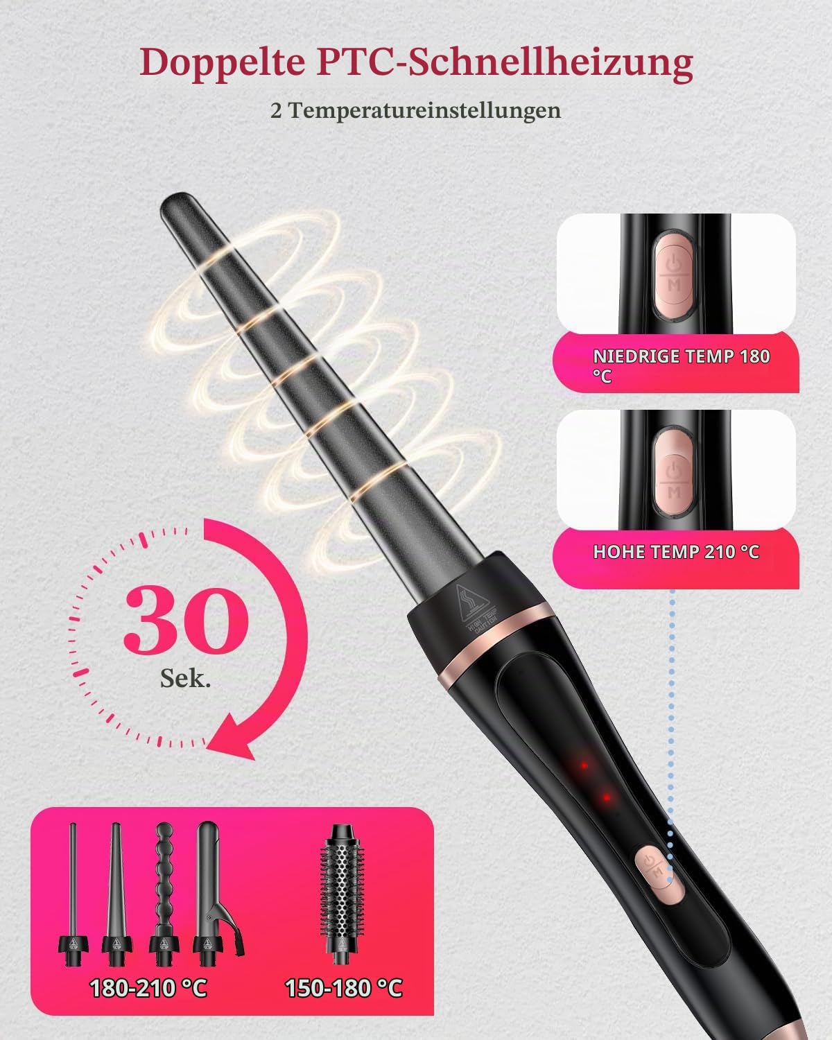 5 in 1 Lockenstab, Schnellaufheizende Thermischer Bürste mit 4 austauschbaren Keramik Barrels (0,35"-1,25") Dual-Voltage Reisegeräte Geburtstagsgeschenk für Frauen - Lockenstab Set für Locken Föhnlook