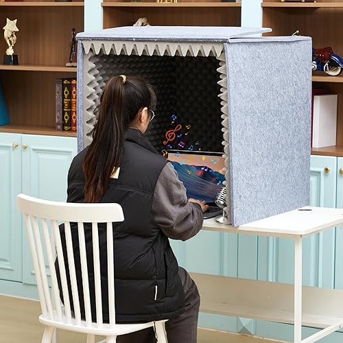 Miniatura 6 de Cubierta de escritorio insonorizada de escritorio de 14 x 14 x 14 pulgadas, cabina de grabación vocal portátil, escudo absorbente de voz, cubo de