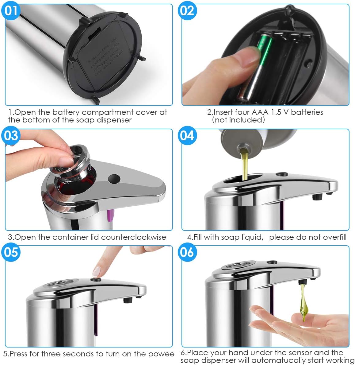 MiKoSoRu Soap Dispenser, Touchless Automatic Soap Dispenser, Infrared Motion Sensor Stainless Steel Hands Free Soap Dispenser with Waterproof Base, Suitable for Bathroom Kitchen Restaurant