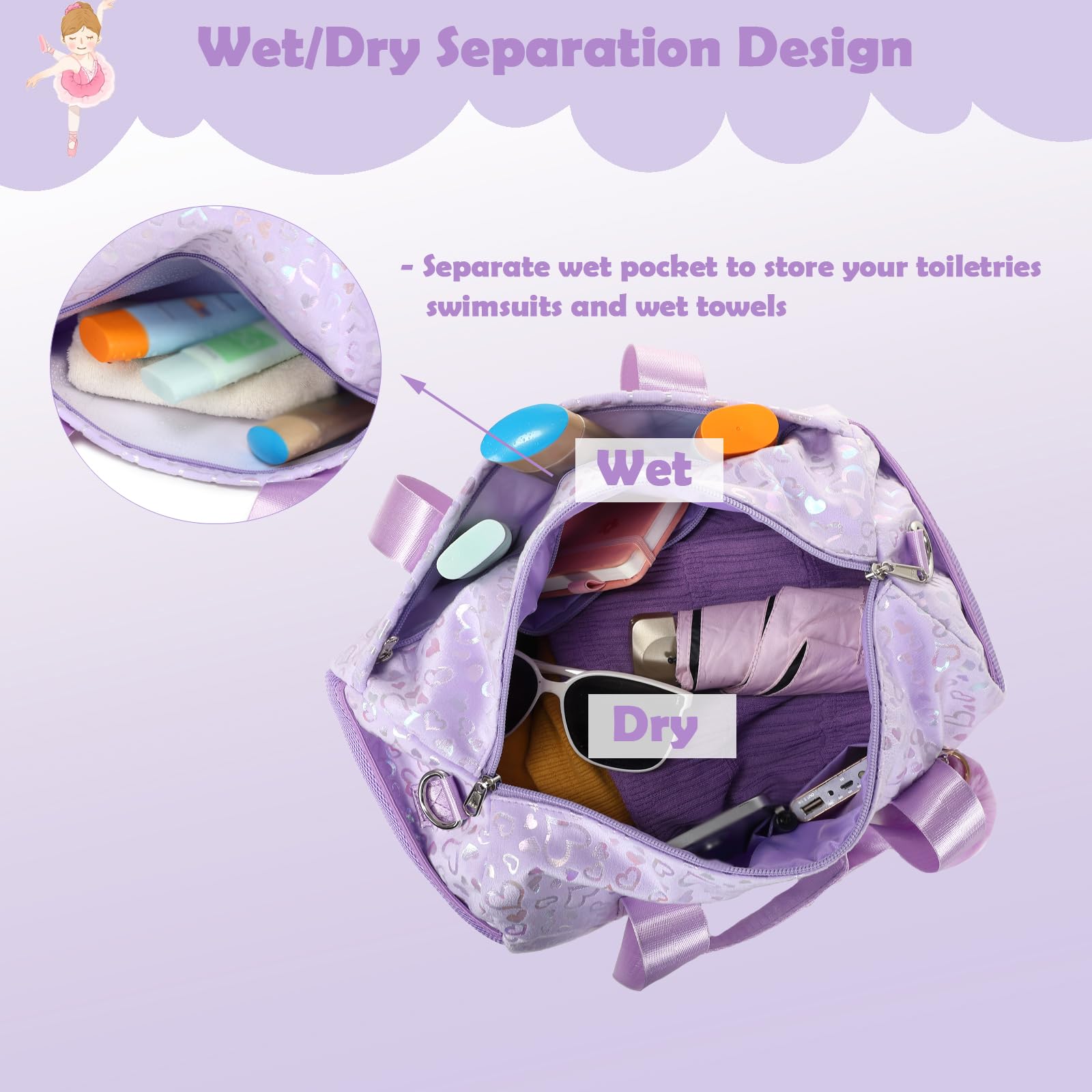 Sac de sport pour fille, Love Purple, Sac de danse pour filles