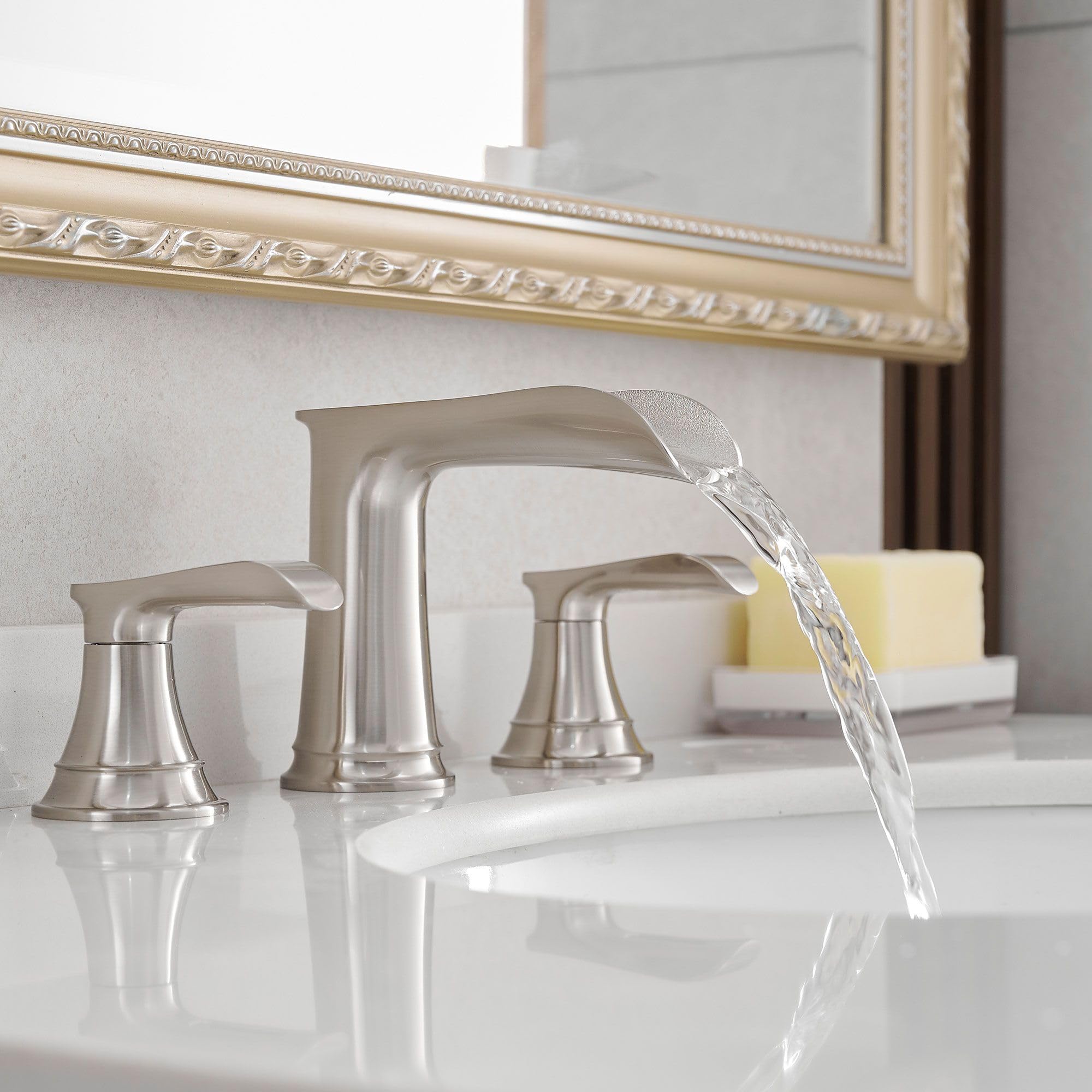 COSZWQDP Stylish Waterfall Bathroom Sink Faucet 3 Hole Dual Handle Brushed Nickel Finish Easy Installation
