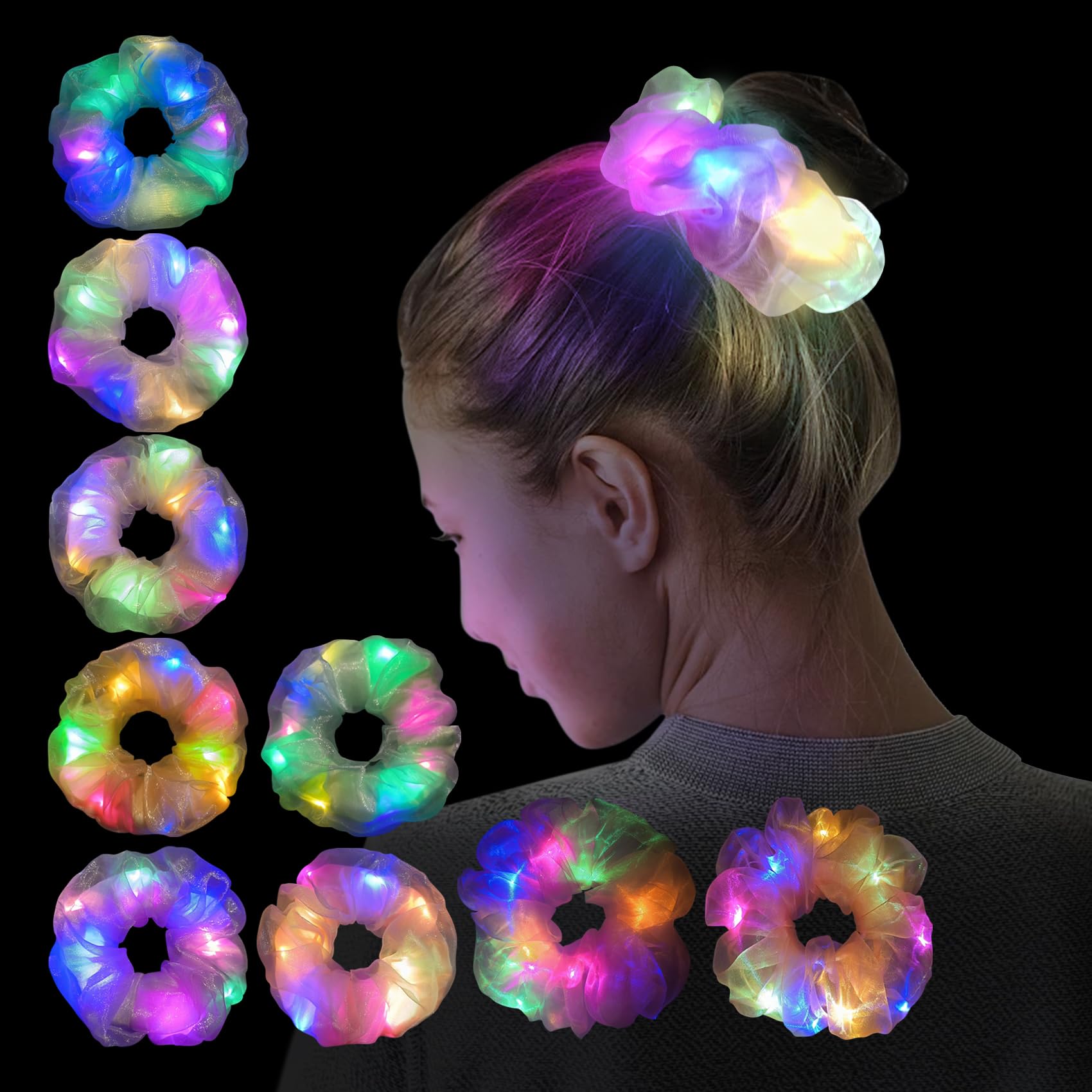 Double-layer Light Up Scrunchies - Camping Gifts for Women & Girls - Neon Outfit, Glow in the Dark Hair Accessories - Cute Hair Ties & Bands - Perfect