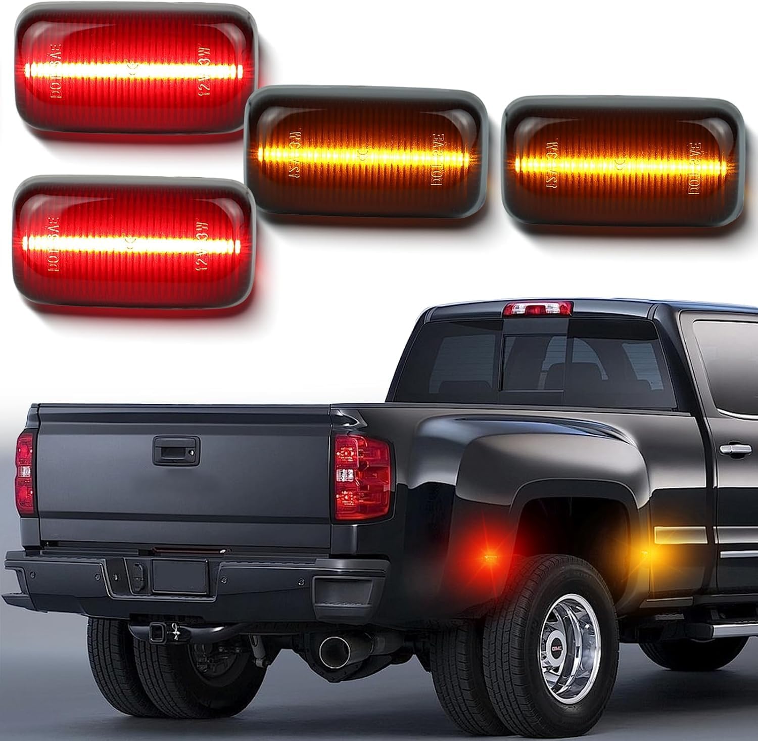 Amber&Red LED Front & Rear Fender Side Marker Lights Kit for Chevy Silverado GMC Sierra 2500HD 3500HD Dually Bed Fender Side Markers 2015-2023,Smoked Lens Side Bumper Marker Lamps (B STYLE)