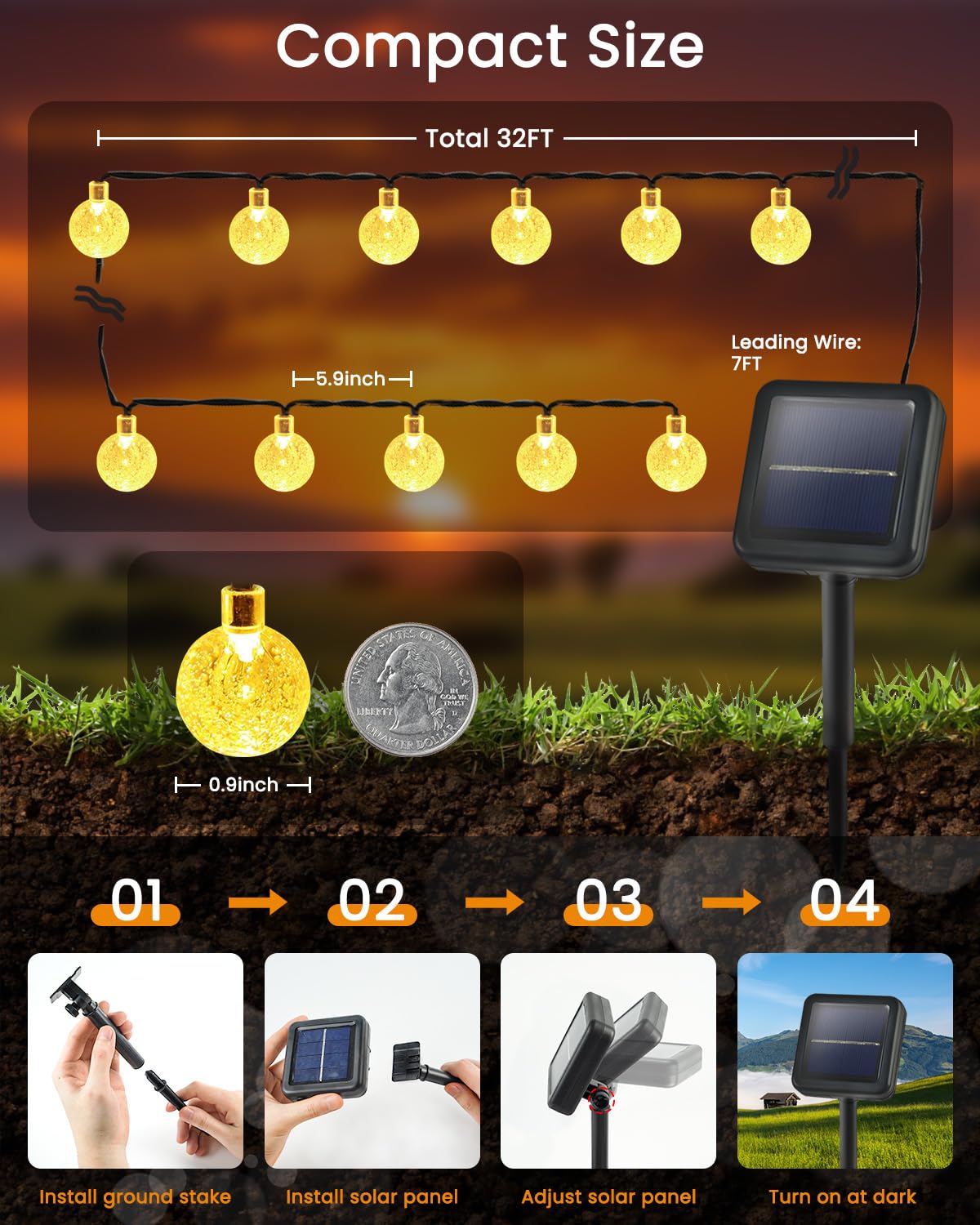Paquete de 2 tiras de 100 luces LED solares de 64 pies con forma de globo de cristal para exteriores, luces solares impermeables para exteriores con 8 modos de iluminación, luces solares para jardín, árbol, patio, fiesta, decoración de Navidad (blanco cál 2