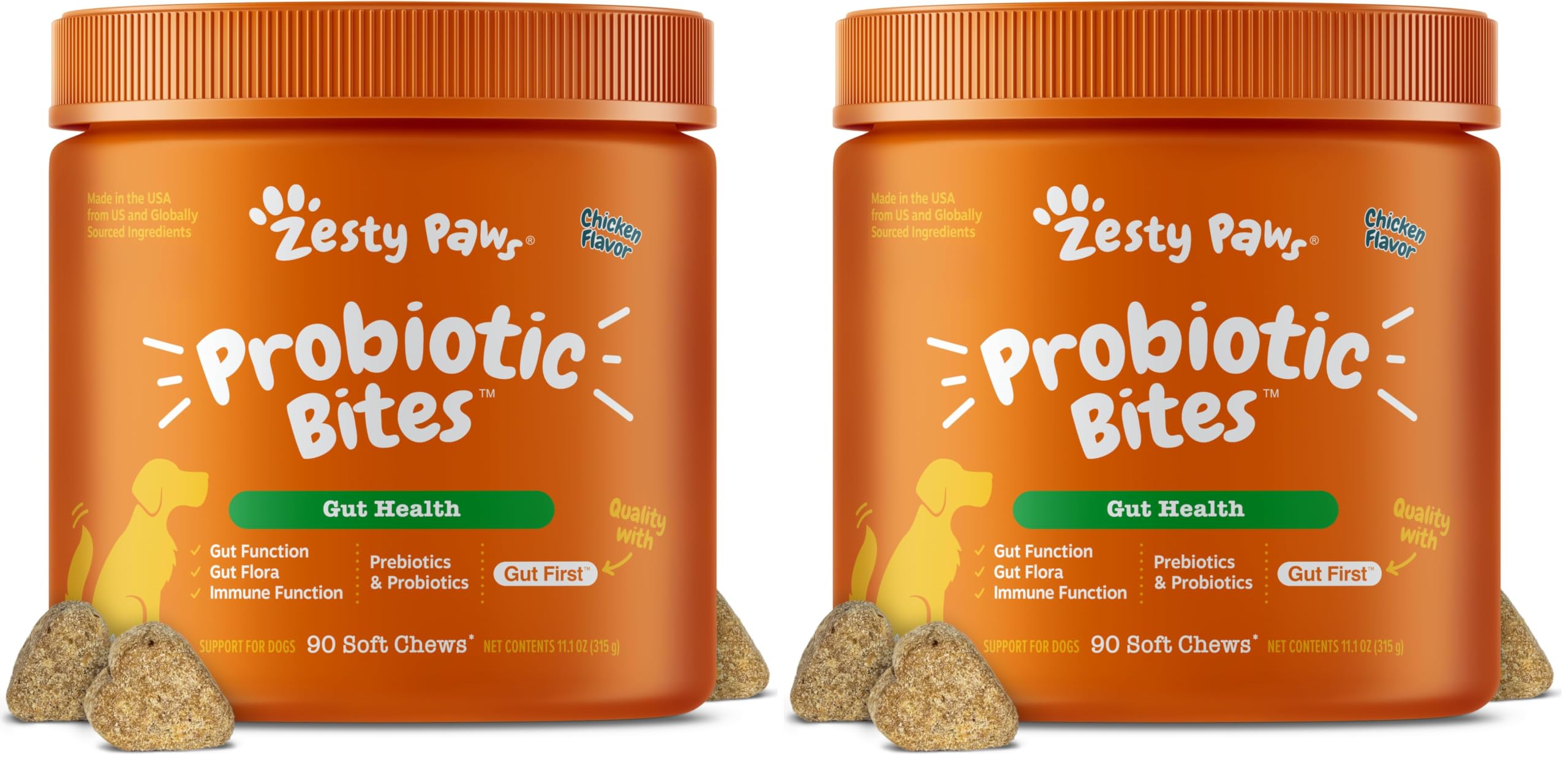 Zesty Paws Probiotics for Dogs, Digestive Enzymes Gut Flora, Digestive Health, Diarrhea &amp; Bowel Support, DE111, Dog Probiotics Soft Chew for Pet Immune System, Chicken, 90 Ct (Pack of 2)