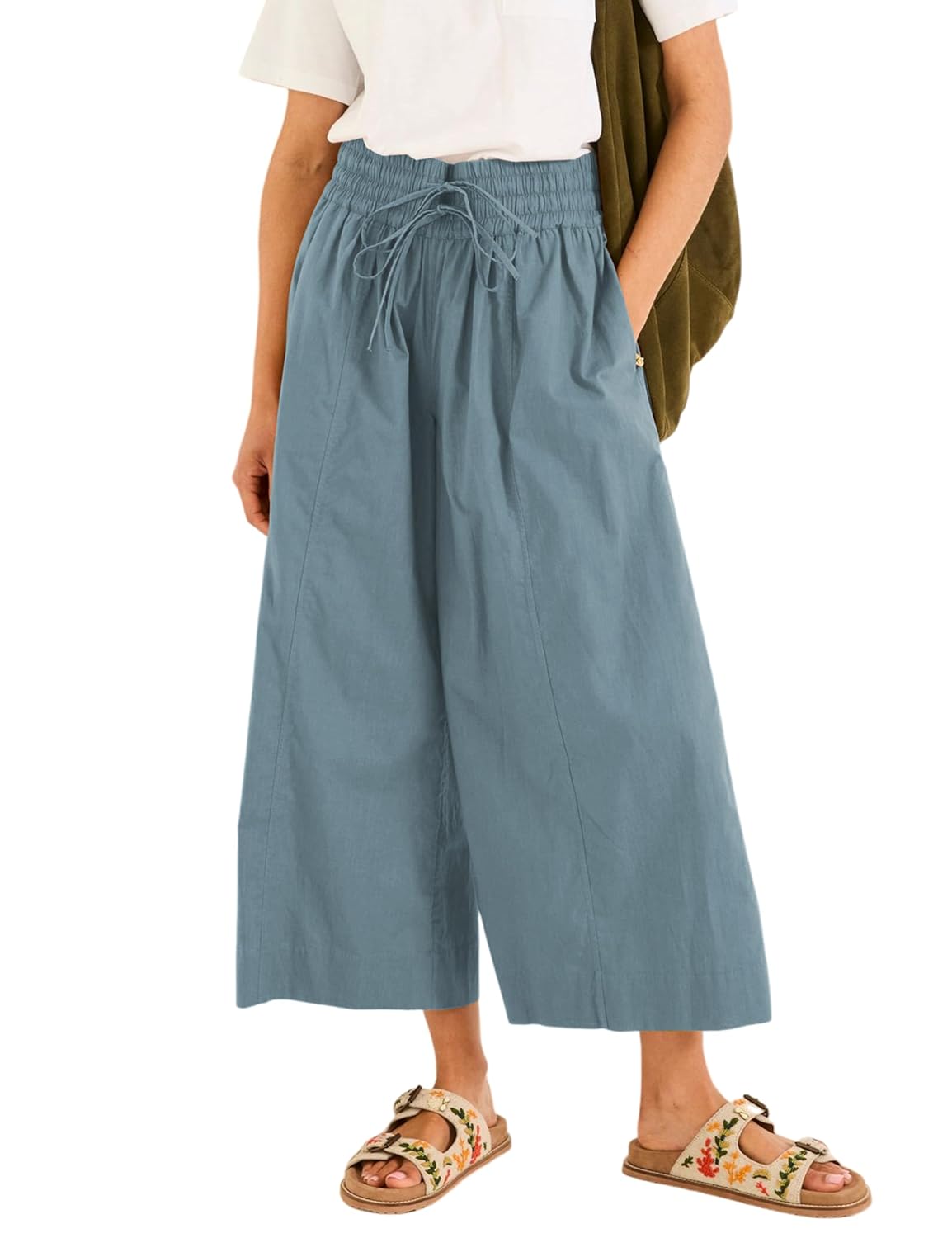 Yeokou Women Casual Wide Leg Pants Summer Cotton High Rise Elastic Waist Cropped Capris Trousers with Pockets Bluegrey-M
