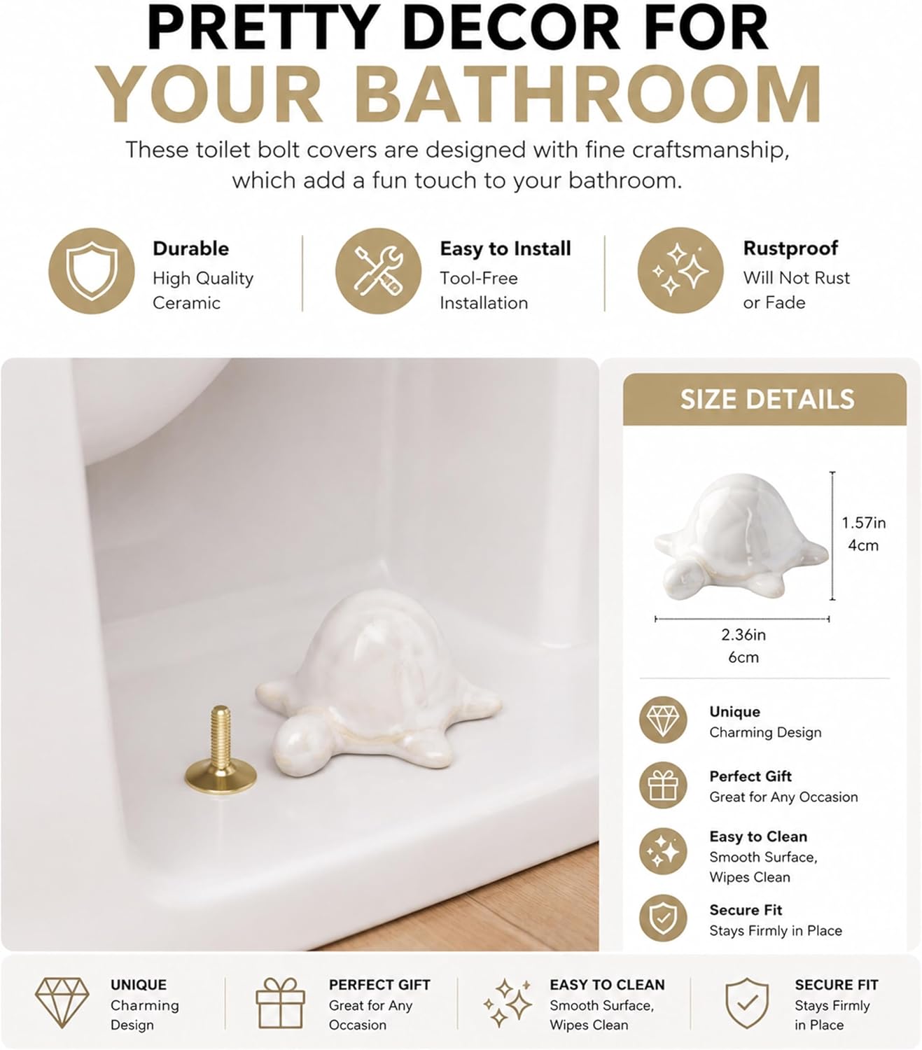WANSHUNLMI Ceramic White Sea Turtle Toilet Floor Bolt Caps, Easy Installation Toilet Bolt Covers, Universal Fit, Don't Cut Those Bolts, Cute Bathroom Toilet Decor (White Sea Turtle)