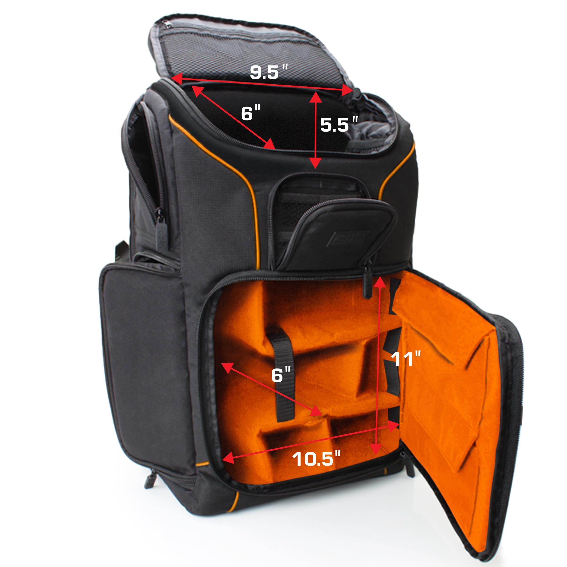 USA Gear Sac à Dos Appareil Photo Réflex Numérique avec Support Trépied, Compartiment Ordinateur Portable et Rangements Accessoires - Sac Photo Compatible avec Canon, Nikon, Pentax et Plus - Orange