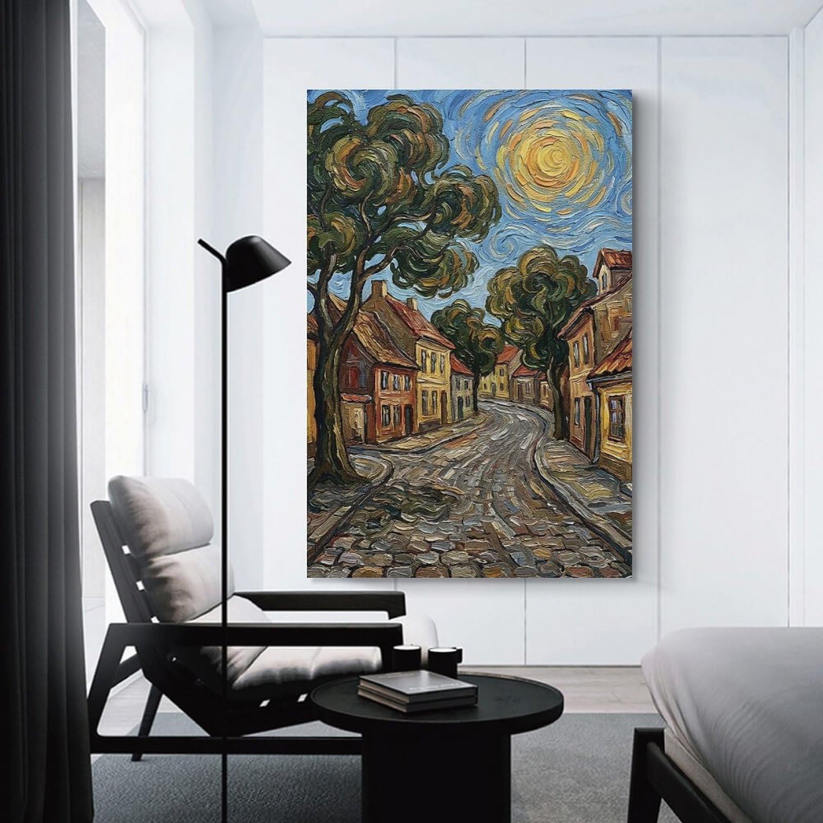 Junmoney Impressionist Street Scene with Swirling Sky Wall Art Print, 24x36inch(60x90cm), for Front Hall, Corridor Or Welcome Spaces, Wall Decor to Refresh Empty Corners