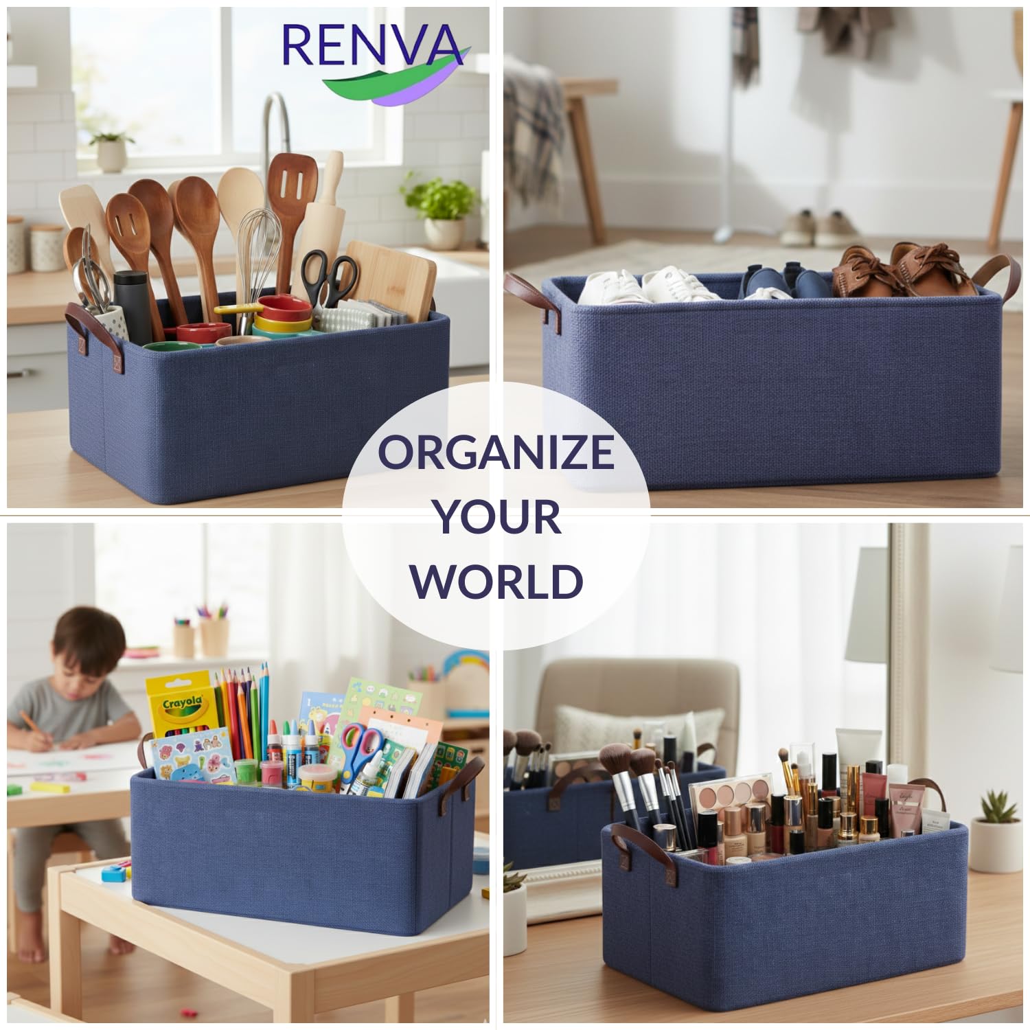 RENVA Faltbare Aufbewahrungswürfel aus Stoff mit Griffen, faltbare Aufbewahrungskörbe zum Organisieren von Spielzeug, Büchern, Regalen, Schrank, große Aufbewahrungsbox mit Griffen, 47 x 28 x 20 cm