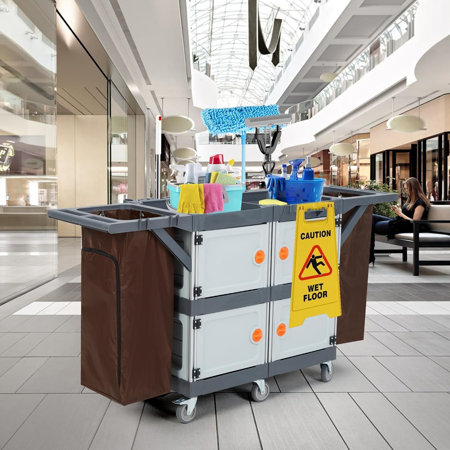 Carrello per pulizie professionale a 4 scomparti con doppio coperchio, manico in PP, struttura in alluminio, ruote silenziose TPR da 4 pollici, sacchi inclusi