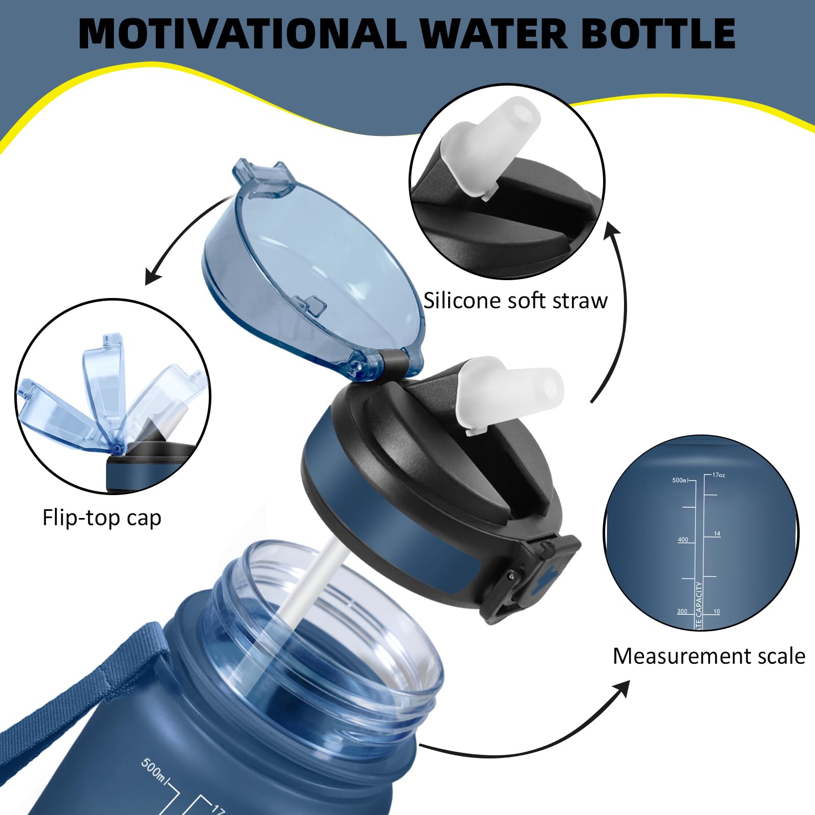 Grsta Borraccia 500ml, A Prova di Perdite Borraccia Bambino con Cannuccia, Bottiglia Motivazionale, Facile da Pulire, Borracce con Indicatore del Tempo per Corsa, Scuola, Ciclismo