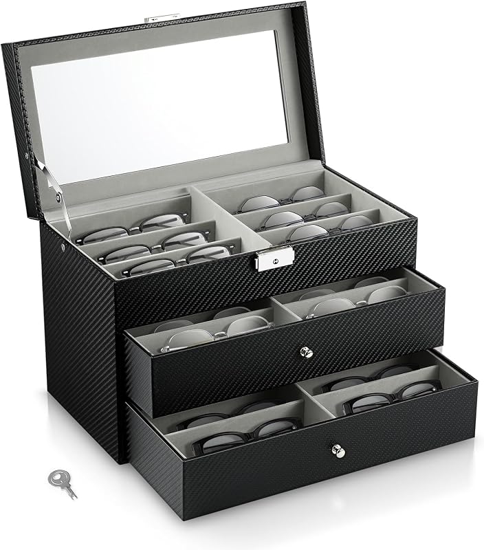 MoKo Sunglasses Organizer, Leather Sunglass Display Collection Holder Case with Drawer Clear Glass Lid