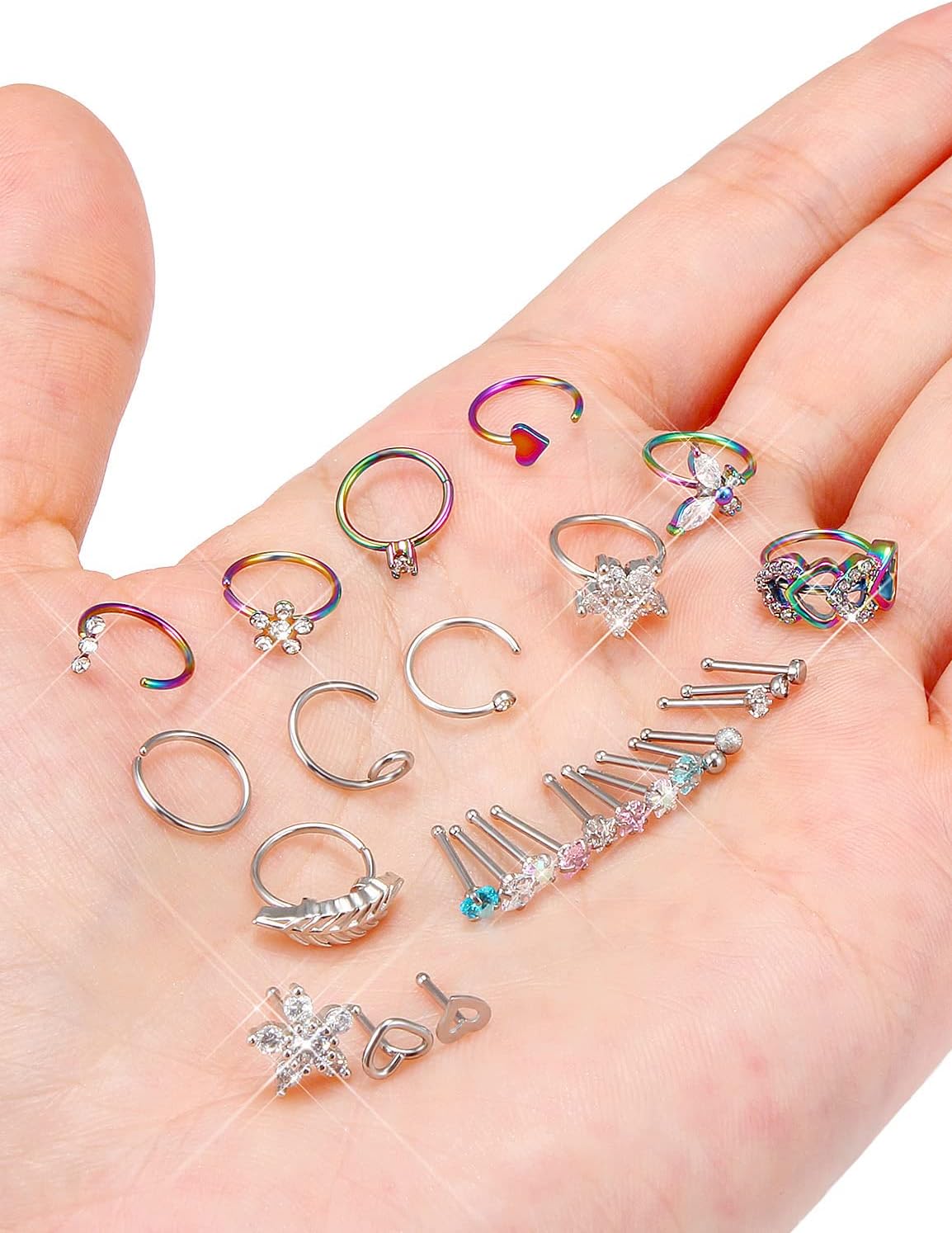 Prjndjw 20G Nose Rings Studs Hoop For Women Surgical Steel Nose ring hoop Heart CZ Flower Nose Piercing Jewelry Straight Bend L Shaped Nose Rings 28Pcs 6.5mm Nose Piercing Kit Purpke - Image 4