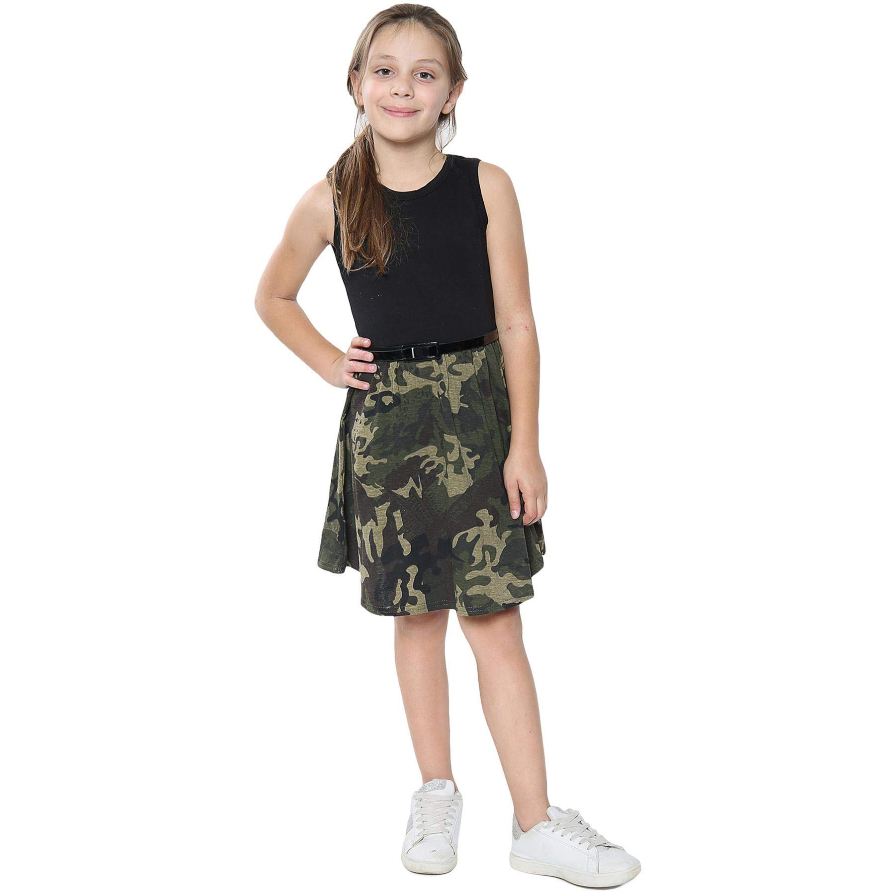 A2z 4 Kids Girls Green Skater Dress Floral Belted Summer Party Dance - Skater Dress Camo Panel 3-4