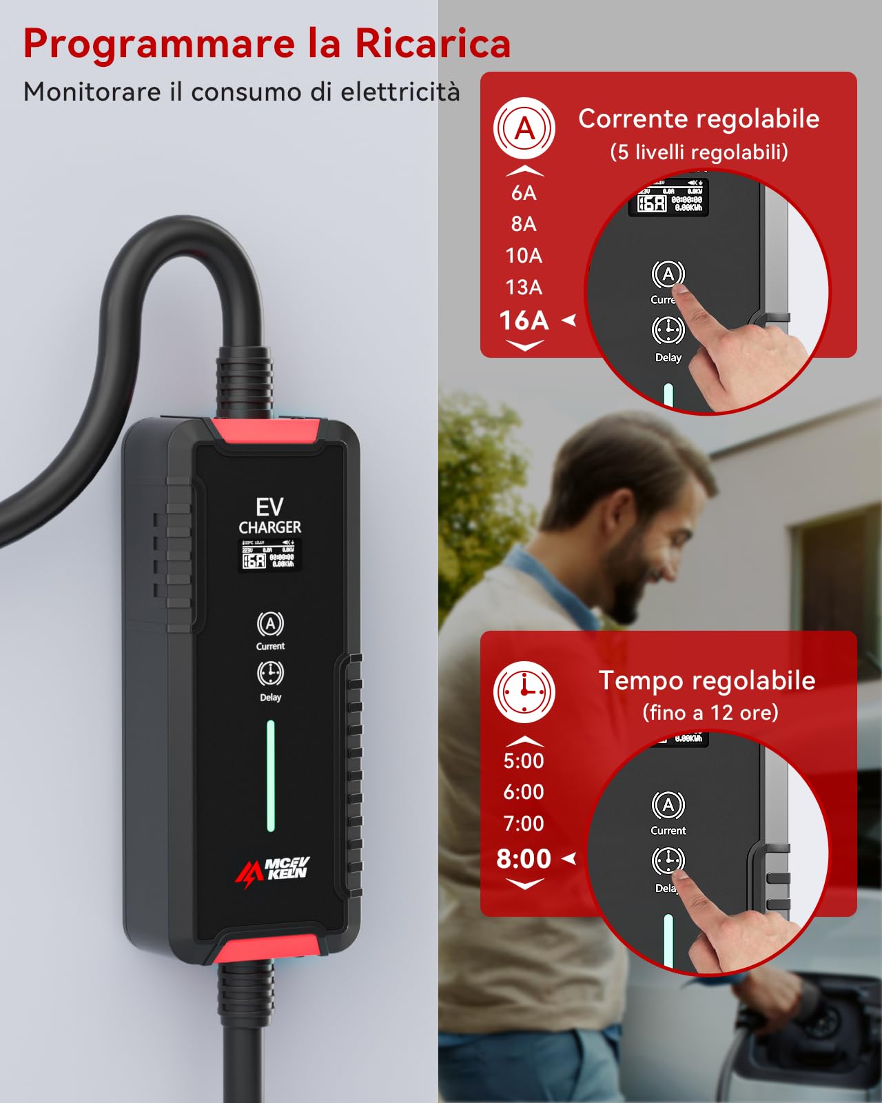 MCEVKELN EV Caricatore Tipo 2 3.6 KW, 8M Cavo Ricarica Auto Elettrica Tipo 2 Schuko con Scatola Commutabile 6-16A, 8M EV Charger Portatile IEC 62196-2 Stazione Caricabatterie