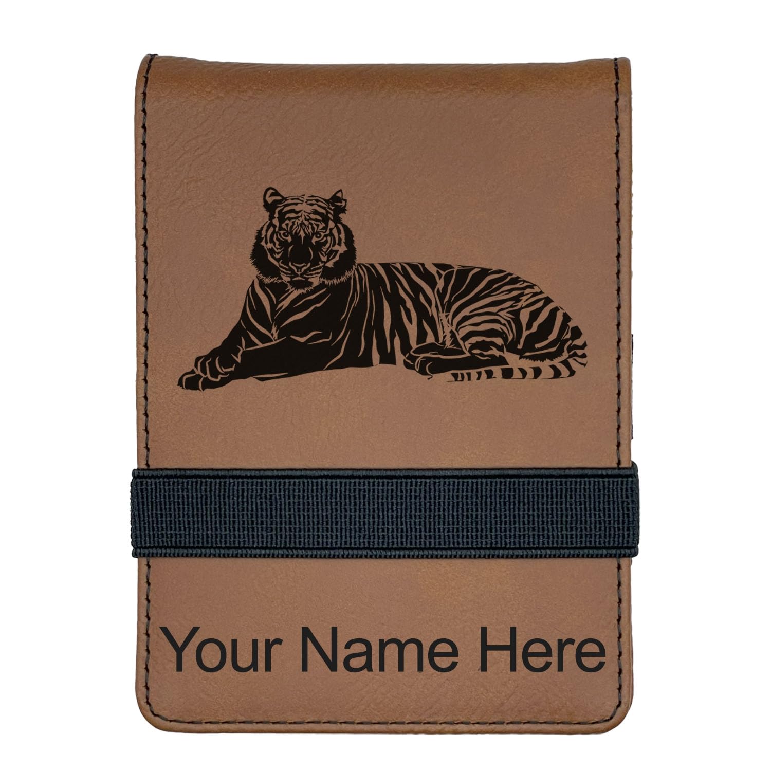 LaserGram Mini Padfolio with Notepad and Pen, Tiger, Personalized Engraving Included (Dark Brown)