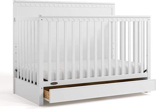 Graco Sasha 5-in-1 Convertible Crib with Drawer GREENGUARD Gold Certified Wood Crib, Converts to Toddler Bed, Daybed, Full-Size Bed, Stylish Classic Design (White)