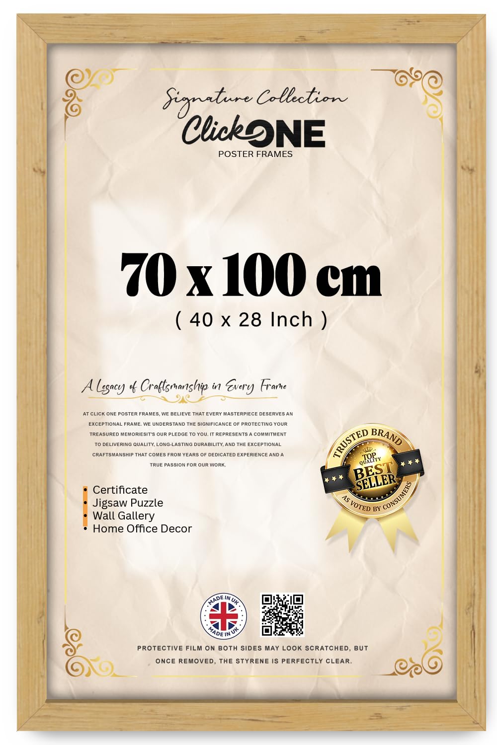 Click One Elegant Flat Extra Large Rectangle Poster Picture 70 X 100 CM Solid Engineered Wood With Hooks 40 X 28 Inch Portrait Landscape Display For Interior Room Pine Wall Art Home Decor Accent