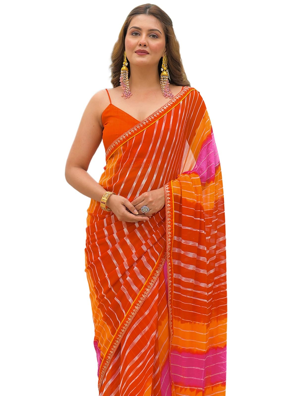 satrani Women's Georgette Leheriya Printed Sequin Embroidery Lace Saree with Unstitched Blouse Piece-picture-21