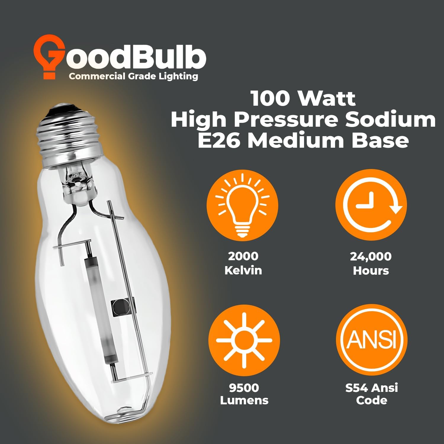 GoodBulb 100-Watt High Pressure Sodium HID Light Bulb E26 Base ED17 ANSI Code S54 High Output HID Light 2000K Warm White Light Color Clear Finish 24000 Life Hours (Pack of 2 Bulb)