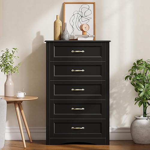 Gizoon Cómoda de 5 cajones, cómoda de madera negra para dormitorio, gabinete de almacenamiento de gran capacidad de 43.3" con dispositivo