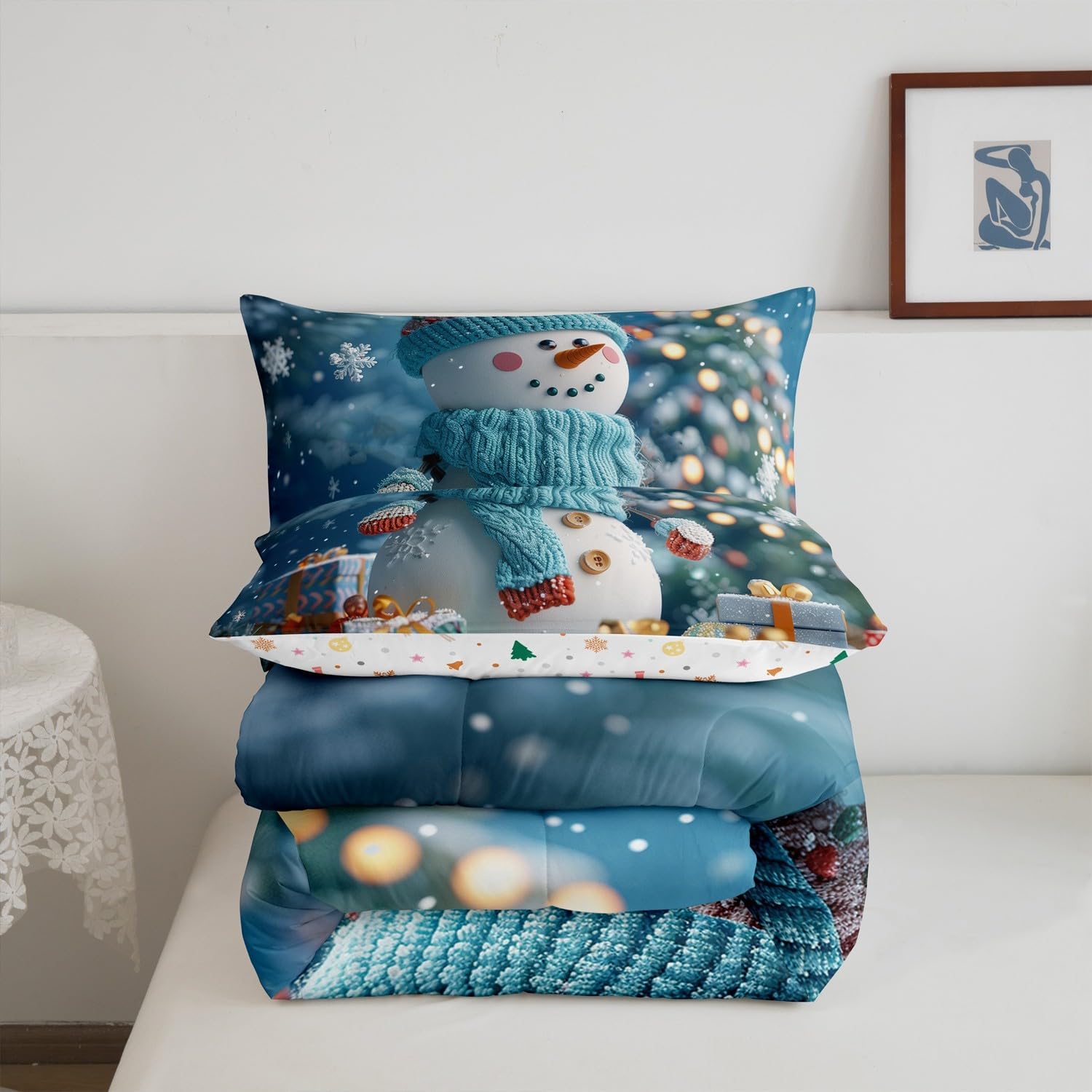 Cartoon Snowman Comforter Set Queen Size,Polka Dot Merry Christmas Bedding Set for Kids Boys Girls Room Decor,Winter Xmas Theme Duvet Insert 3Pcs,Snowflake Christmas Tree Quilt Set,2 Pillowcases