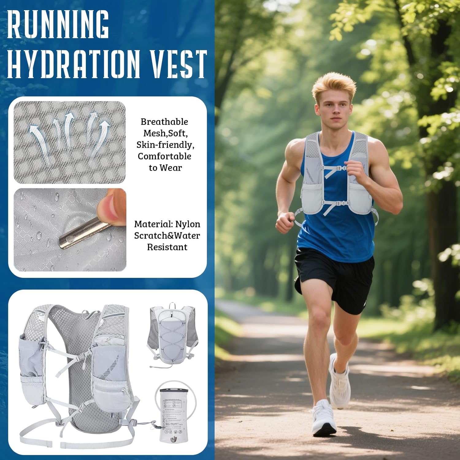 Lightweight Running Hydration Vest for Women Men, Breathable Adjustable Hydration Backpack with 1.5L Water Bladder Bag for Hiking, Trail, Running, Marathons, Cycling - Image 2