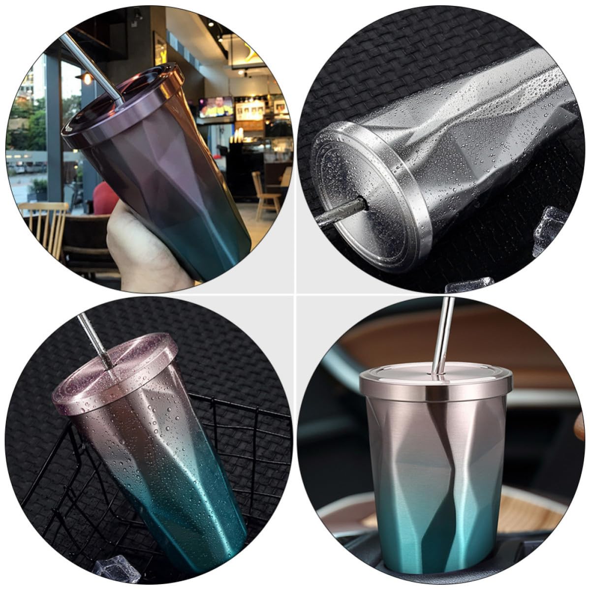 jojofuny 2 Stück Doppelwandige Edelstahl Trinkflaschen mit Strohhalm Leicht zu Tragen Kreative Kaffeebecher für Büro und Restaurant Modernes Design