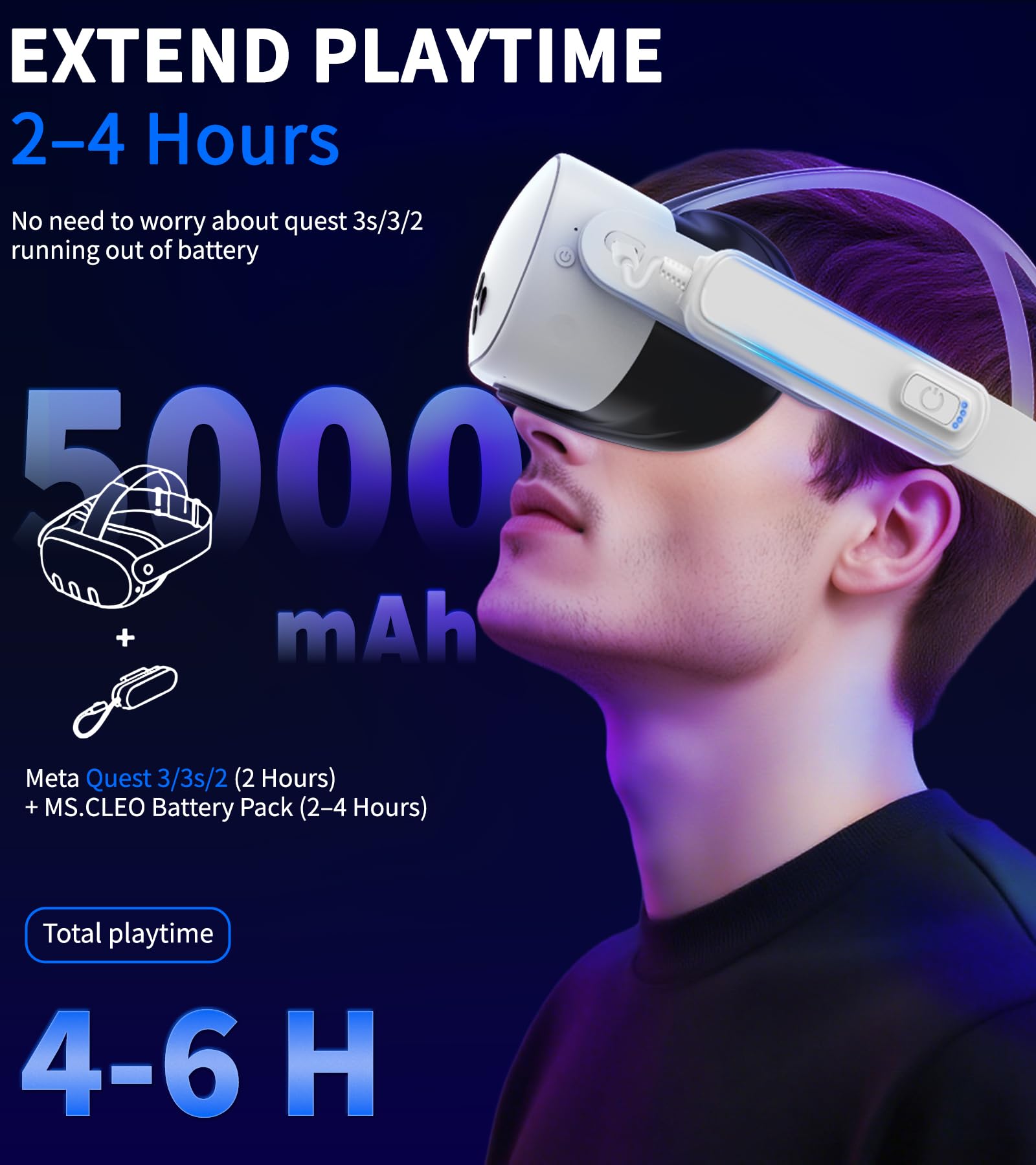 Paquete de 2 baterías de 5000 mAh para Meta/Oculus Quest 3S/3/2, cargador rápido PD VR de 18 W, tiempo de reproducción extendido de 4 a 8 horas, carga rápida dual, bancos de energía con clip, ligero y